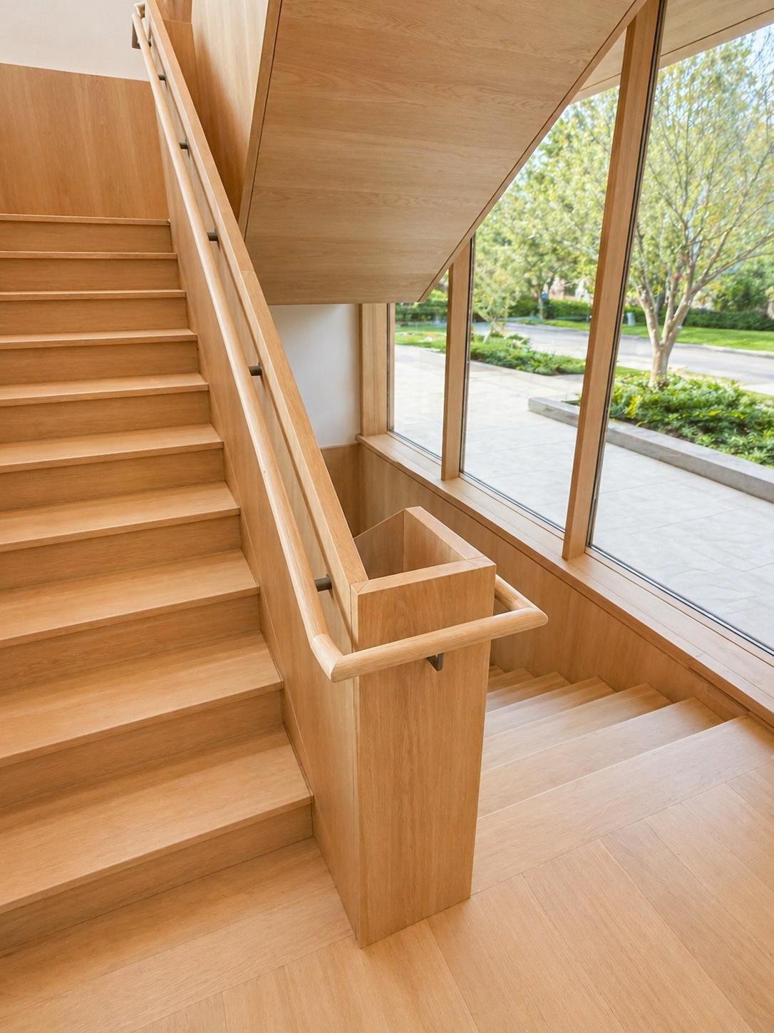 Wooden staircase with handrails next to large windows showing a view of trees and a sidewalk outside.