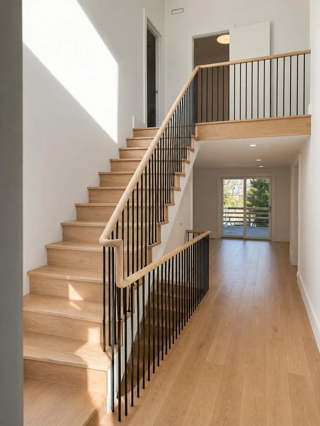 Interior view of a modern home with wooden staircase, black metal railing, hardwood floors, and a sliding glass door leading outside.