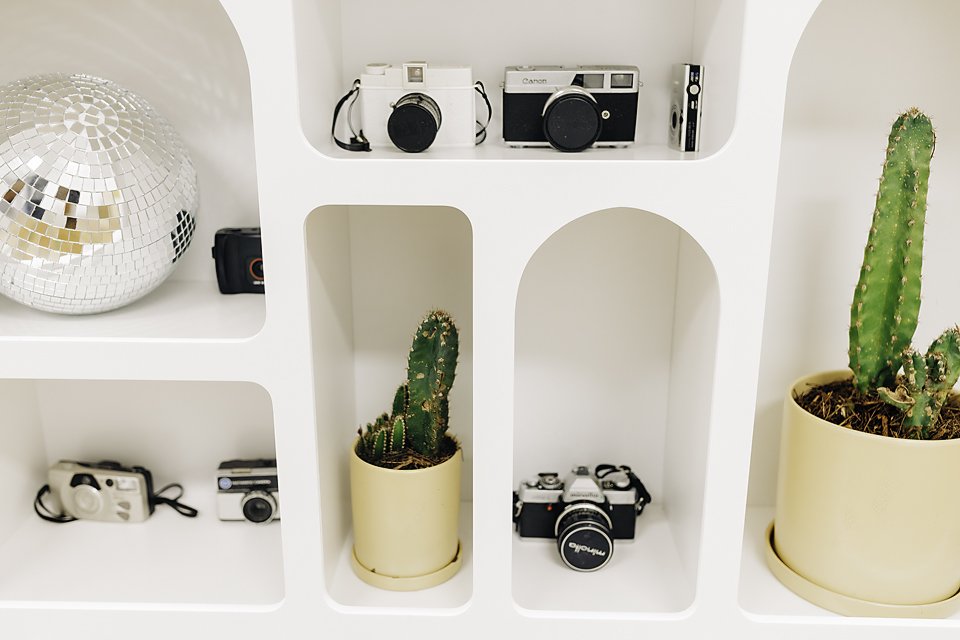 White wall shelving unit with a mirrored disco ball, vintage cameras, and potted cacti.