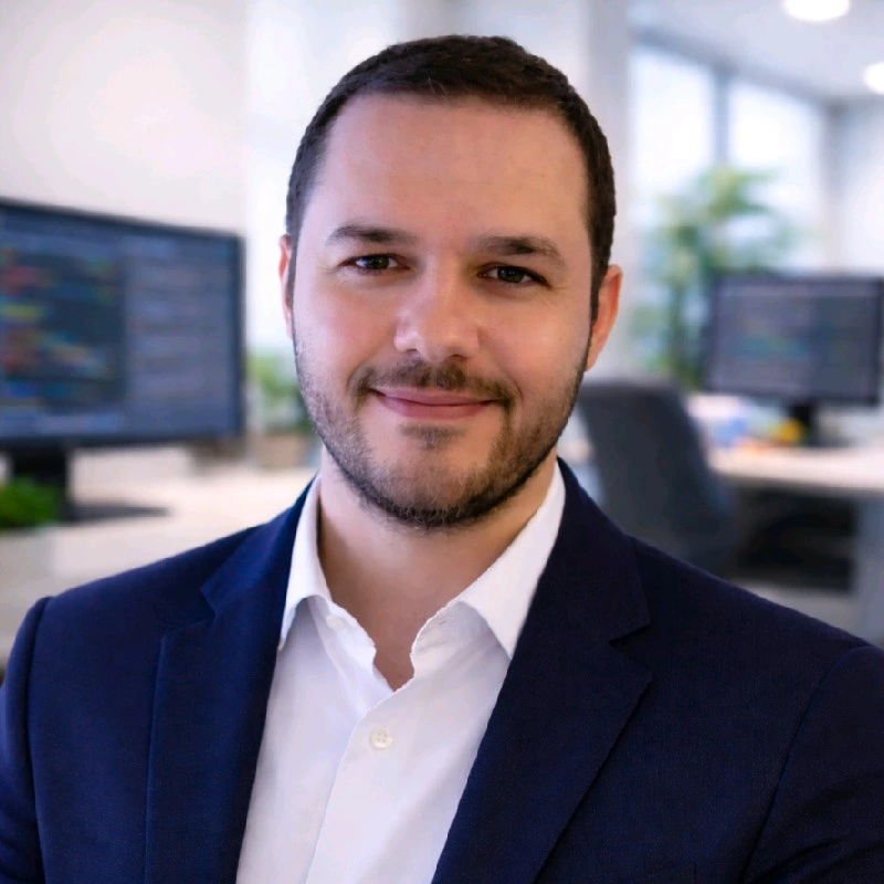 A man with short dark hair and a beard, smiling in an office, wearing a white shirt and dark blazer, with computer monitors in the background.
