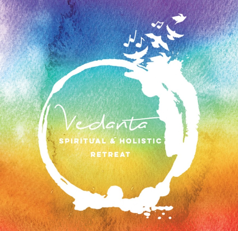 Colorful watercolor background with a white circular design and flying birds, along with the text 'Vedanta Spiritual & Holistic Retreat'.
