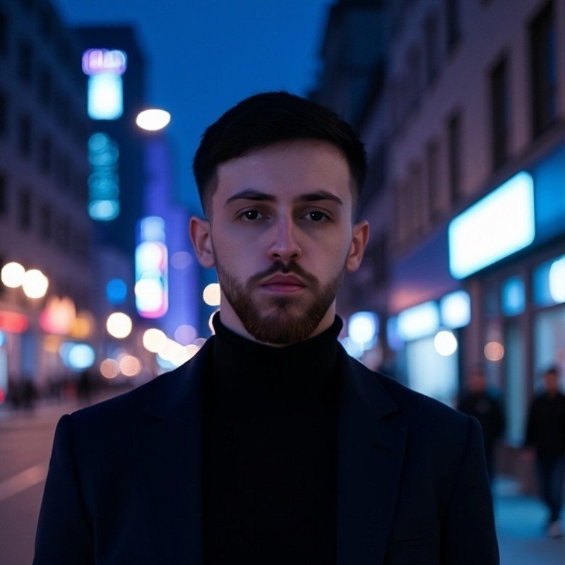 A young man with dark hair and a beard wearing a black blazer and turtleneck standing on a city street at night with blurred bright neon lights in the background.