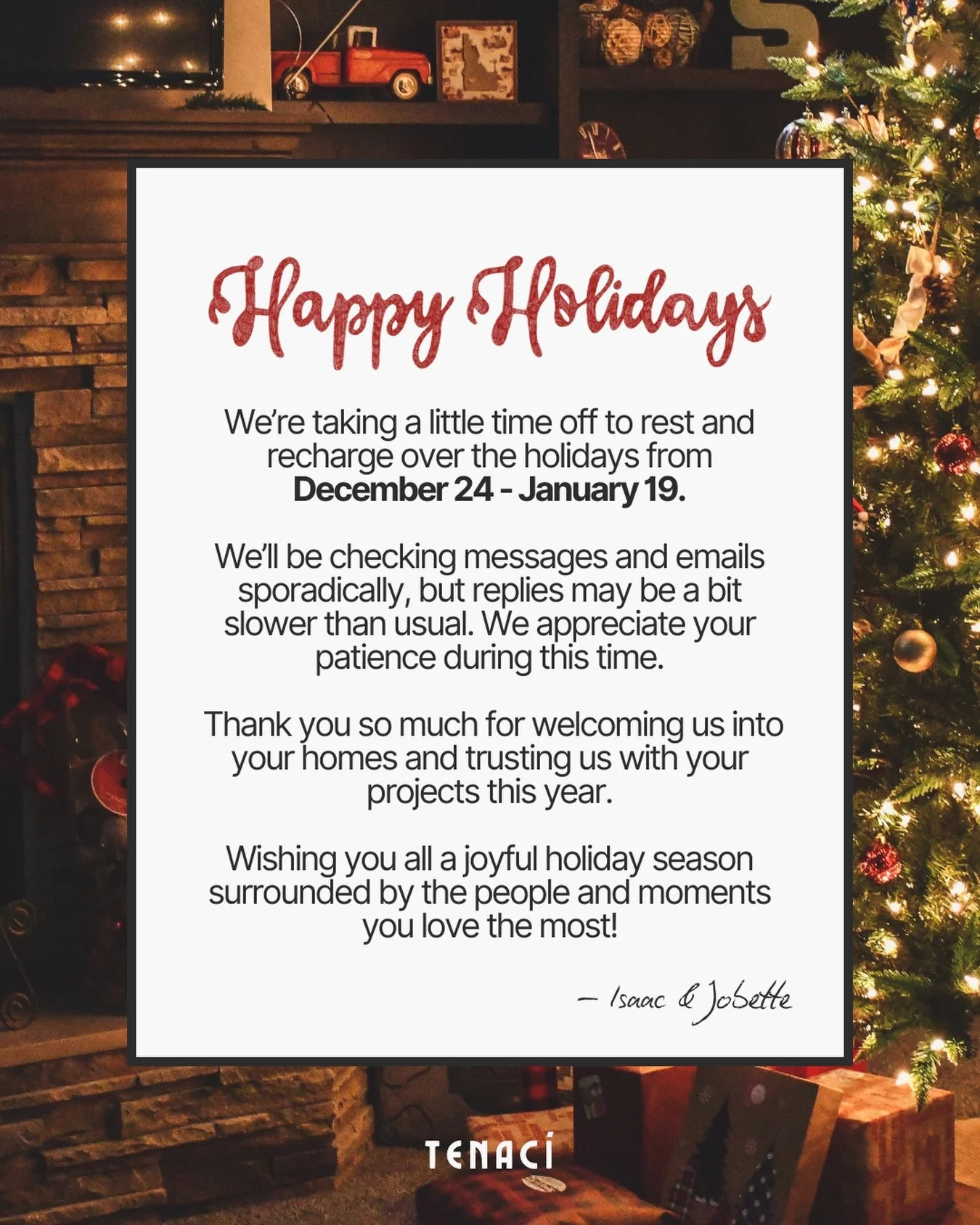 Hi everyone 👋 Just letting you know that we will be taking a break over the holidays from December 24 - January 19. 

We&rsquo;ll be checking emails and messages here and there, but replies may be slower than usual. Thank you for your patience!

Wis