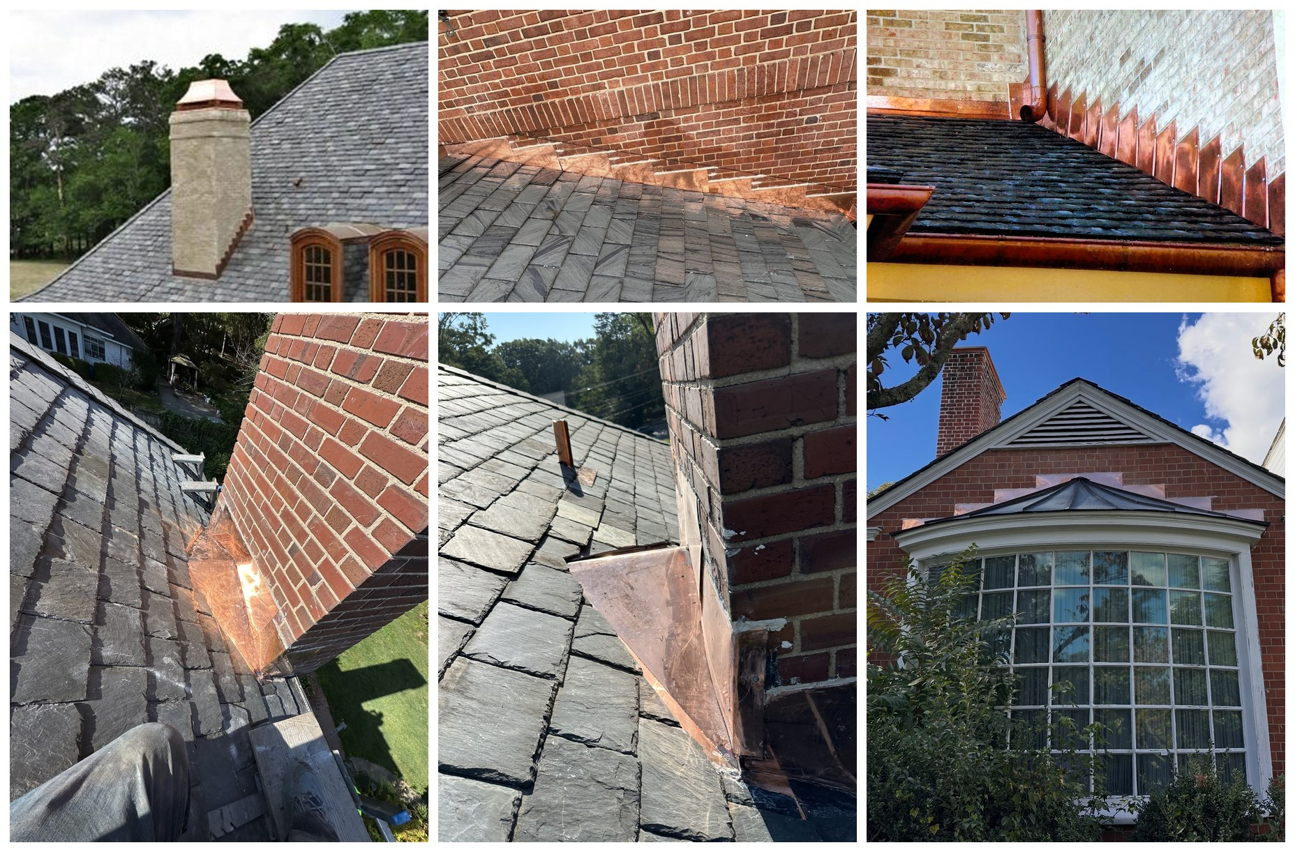 Collage of six copper flashing installations on slate roofs, including chimney counter flashing, sidewall step flashing, chimney crickets, and a bay window roof flashed into a brick wall.