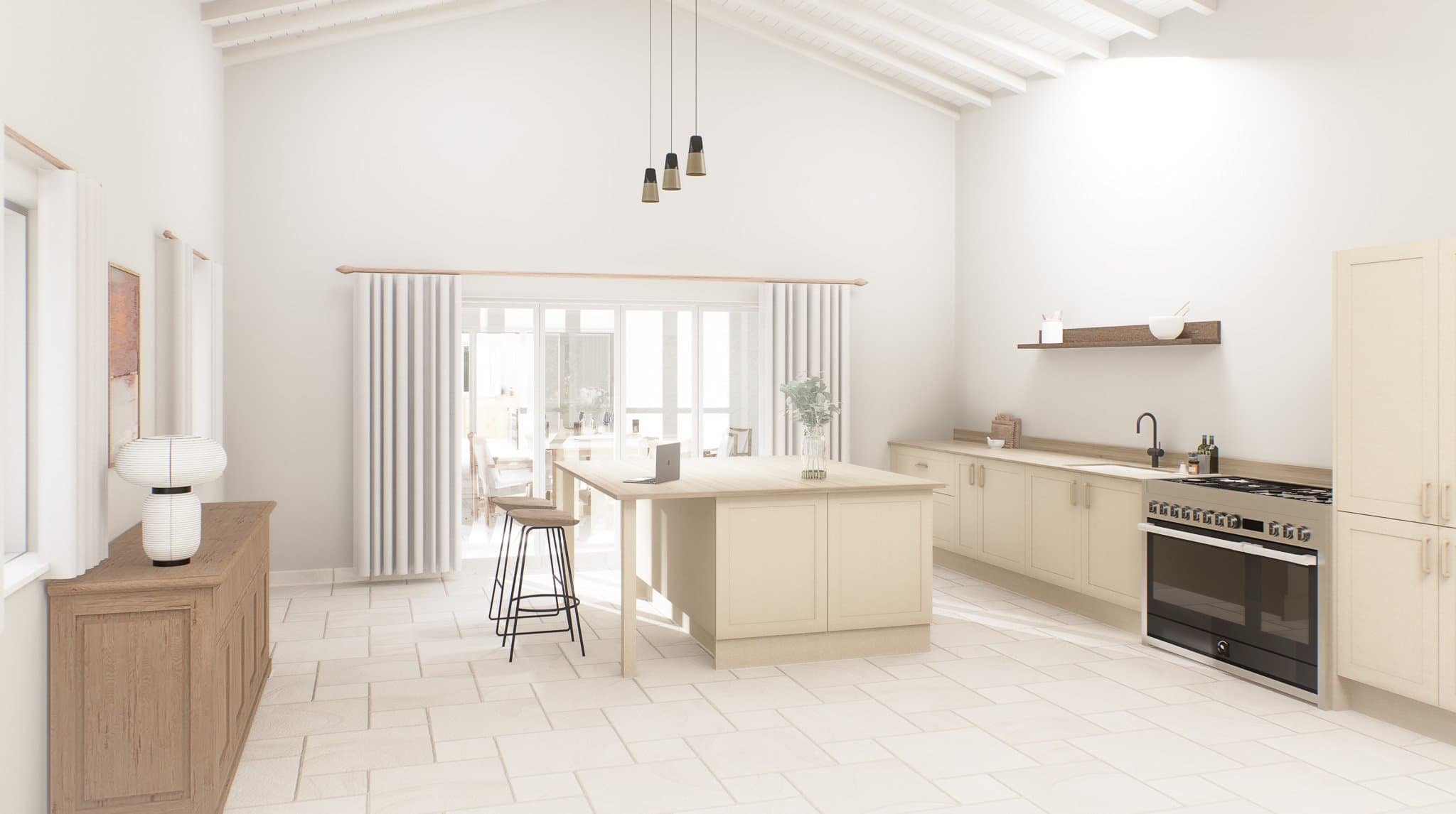 Architectural 3D visualisation of the kitchen and dining area in the farm house in Corfu, Greece