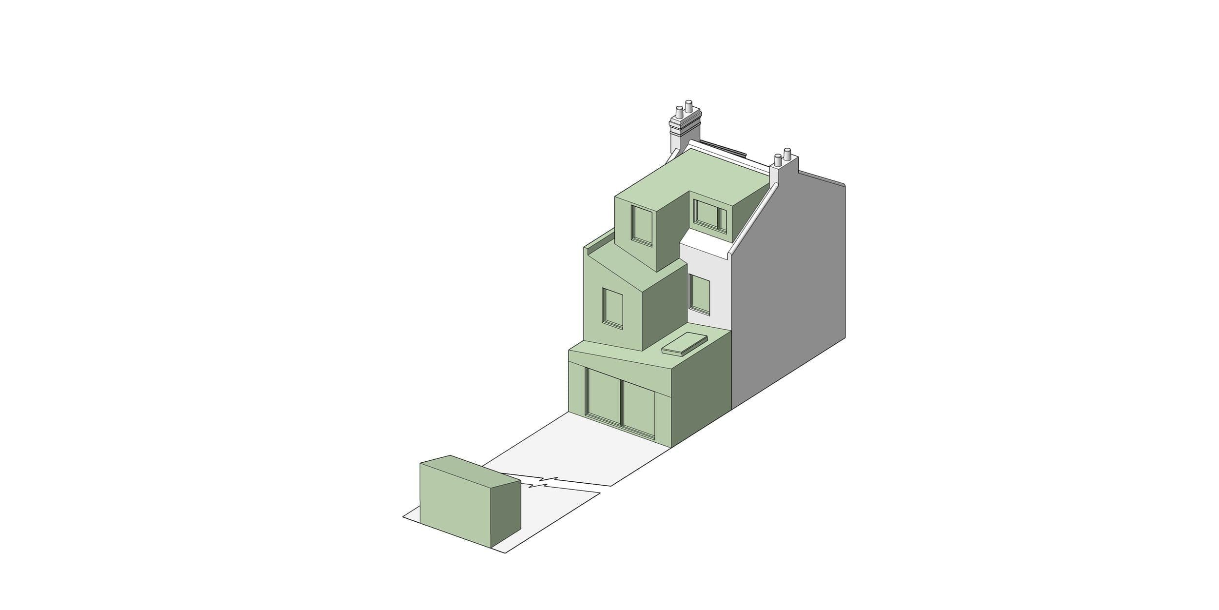 Architects drawings of the whole building of Regent Street in Exeter, Devon after the side-return extension