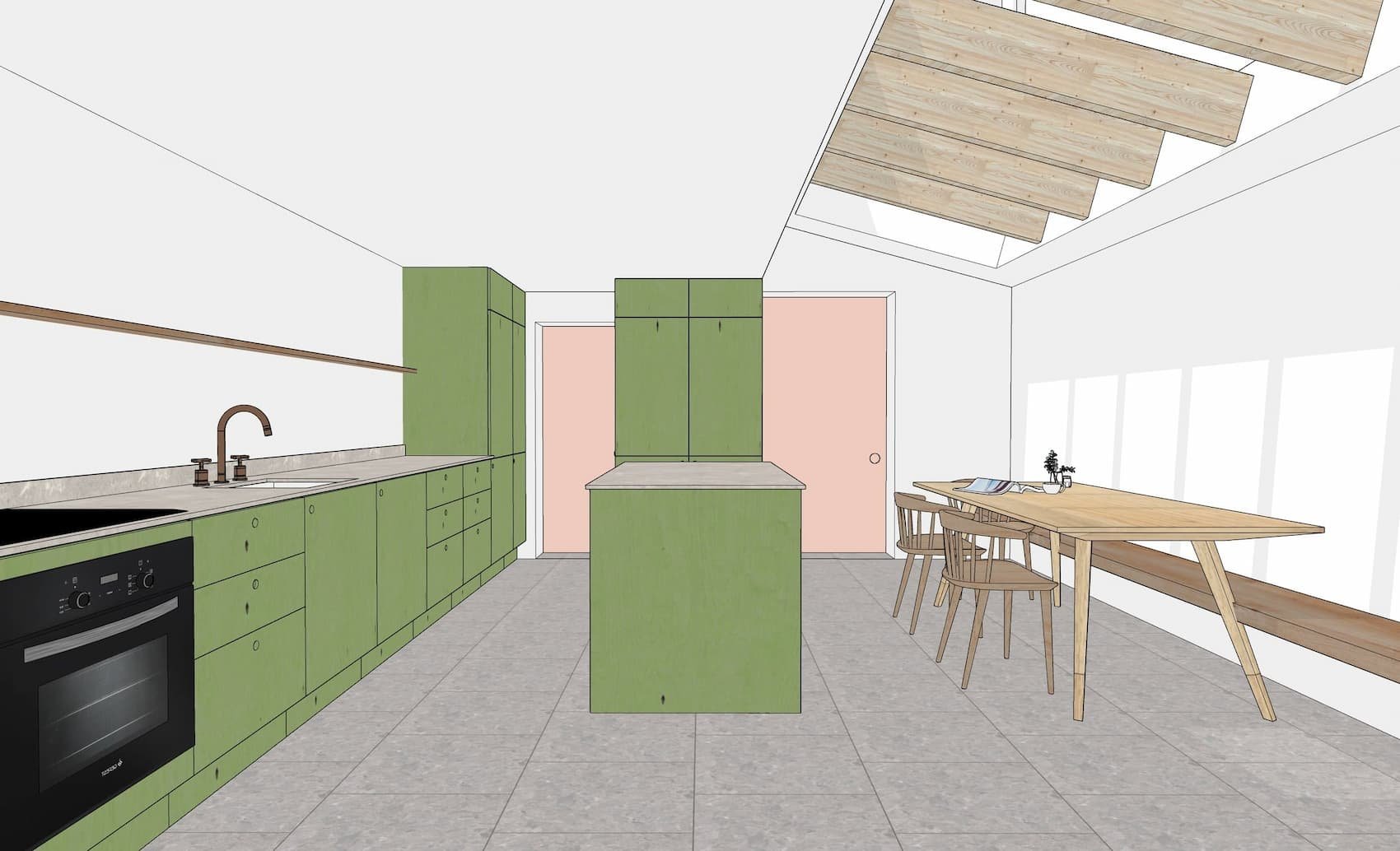 Architects drawings of the kitchen of Regent Street in Exeter, Devon after the side-return extension