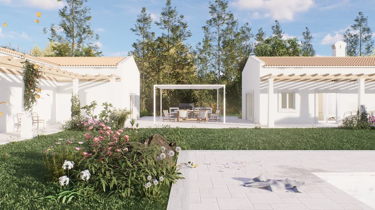 Architectural 3D visualisation of the farm house and the seating area in the garden in Corfu, Greece