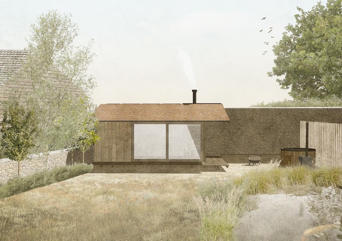 An architectural drawing of the construction of the timber prefab garden studio in Didmarton, Gloucestershire