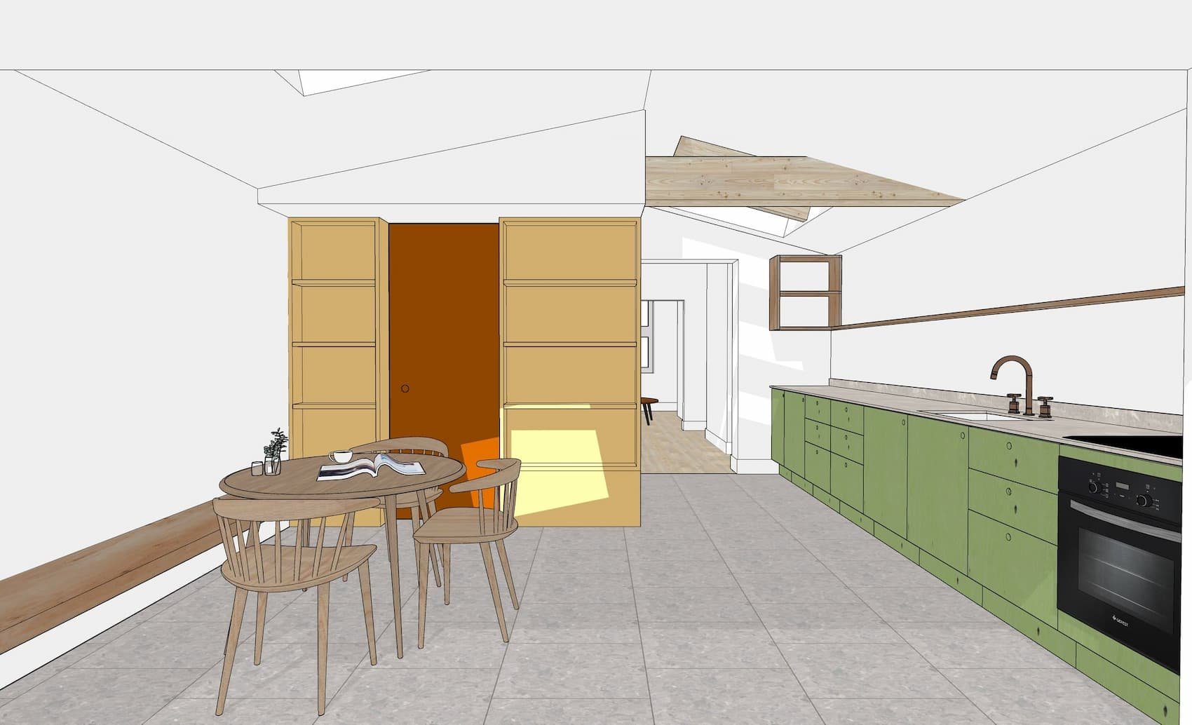 Architects drawings of the interior of Regent Street in Exeter, Devon after the side-return extension