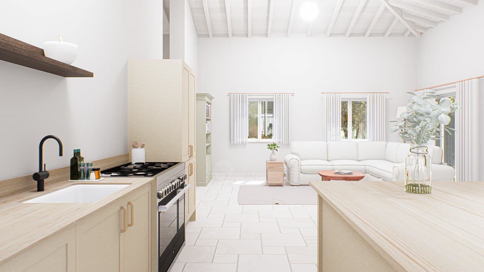 Architectural 3D visualisation of the kitchen and dining area in the farm house in Corfu, Greece
