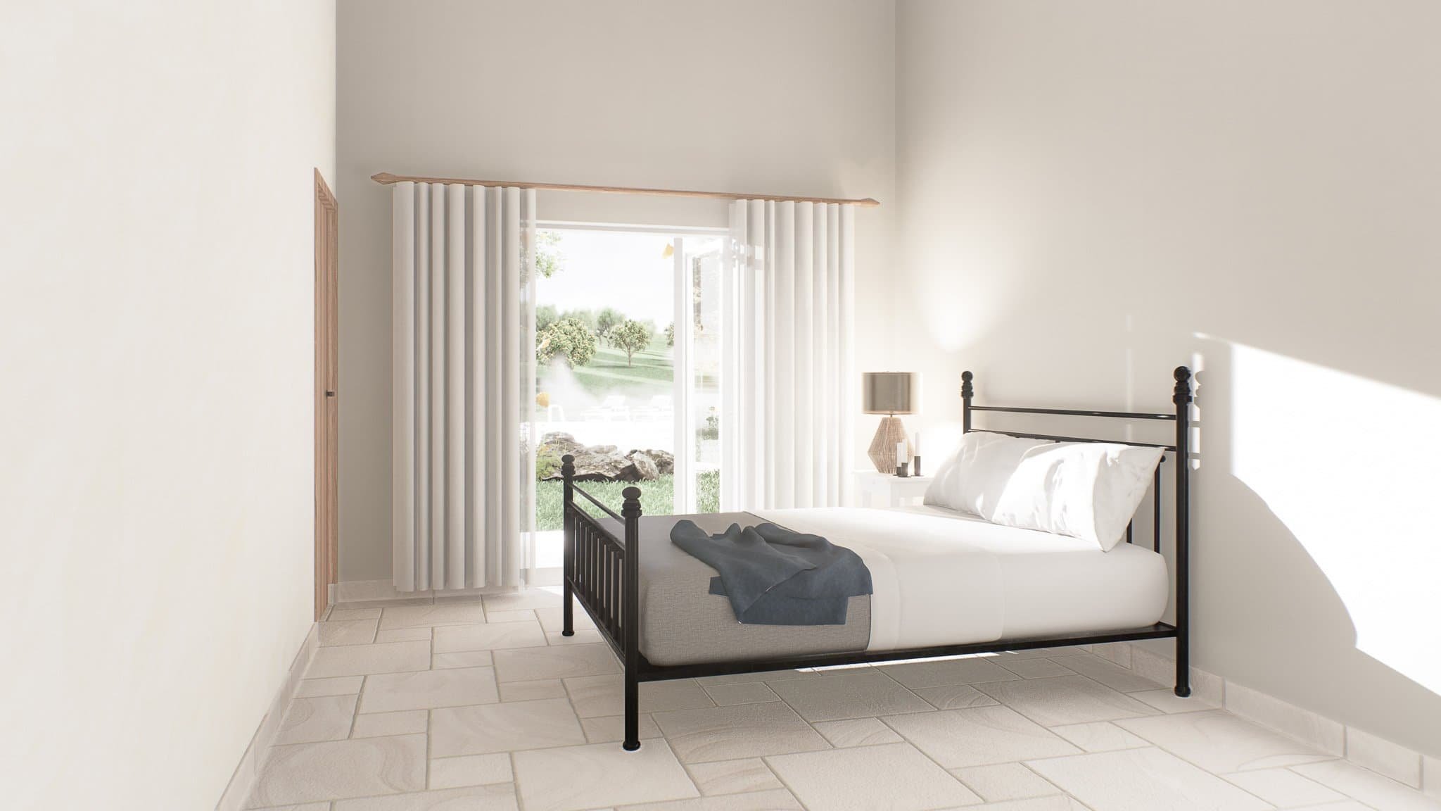 Architectural 3D visualisation of the bedroom in the farm house in Corfu, Greece