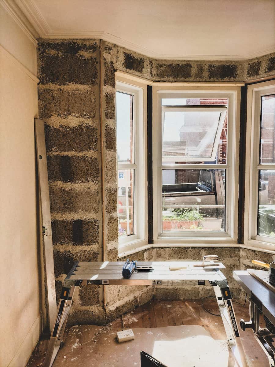 The hemp block insulation in place around the windows of the house on Woodah Road in Exeter, Devon