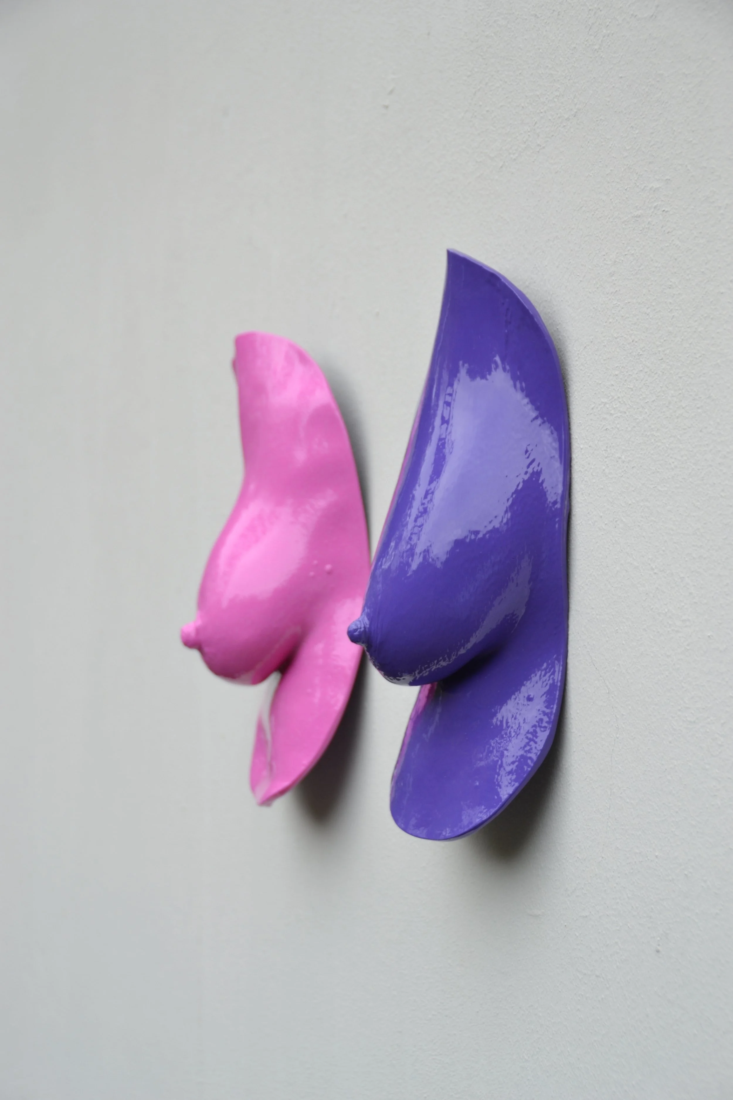 Handgemaakte borstsculpturen in roze en paars, gevormd naar echte lichamen. Unieke lichaamskunst over diversiteit en lichaamsacceptatie.