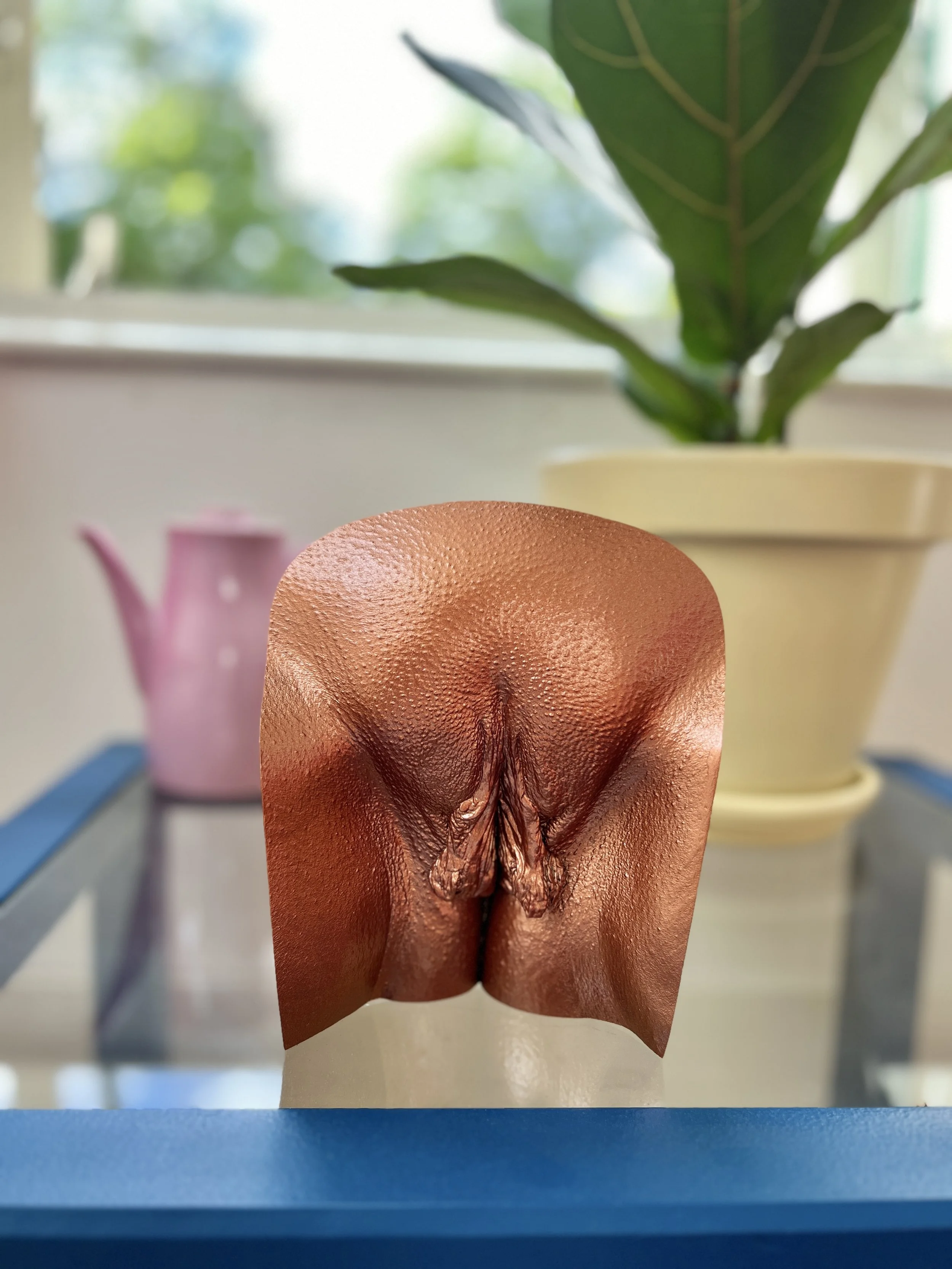 Bronzen vulva kunst van Venus in Vorm, gemaakt via body casting, gemaakt van hars, gefotografeerd op een tafel in een interieur met plant, theepot en een raam op de achtergrond.