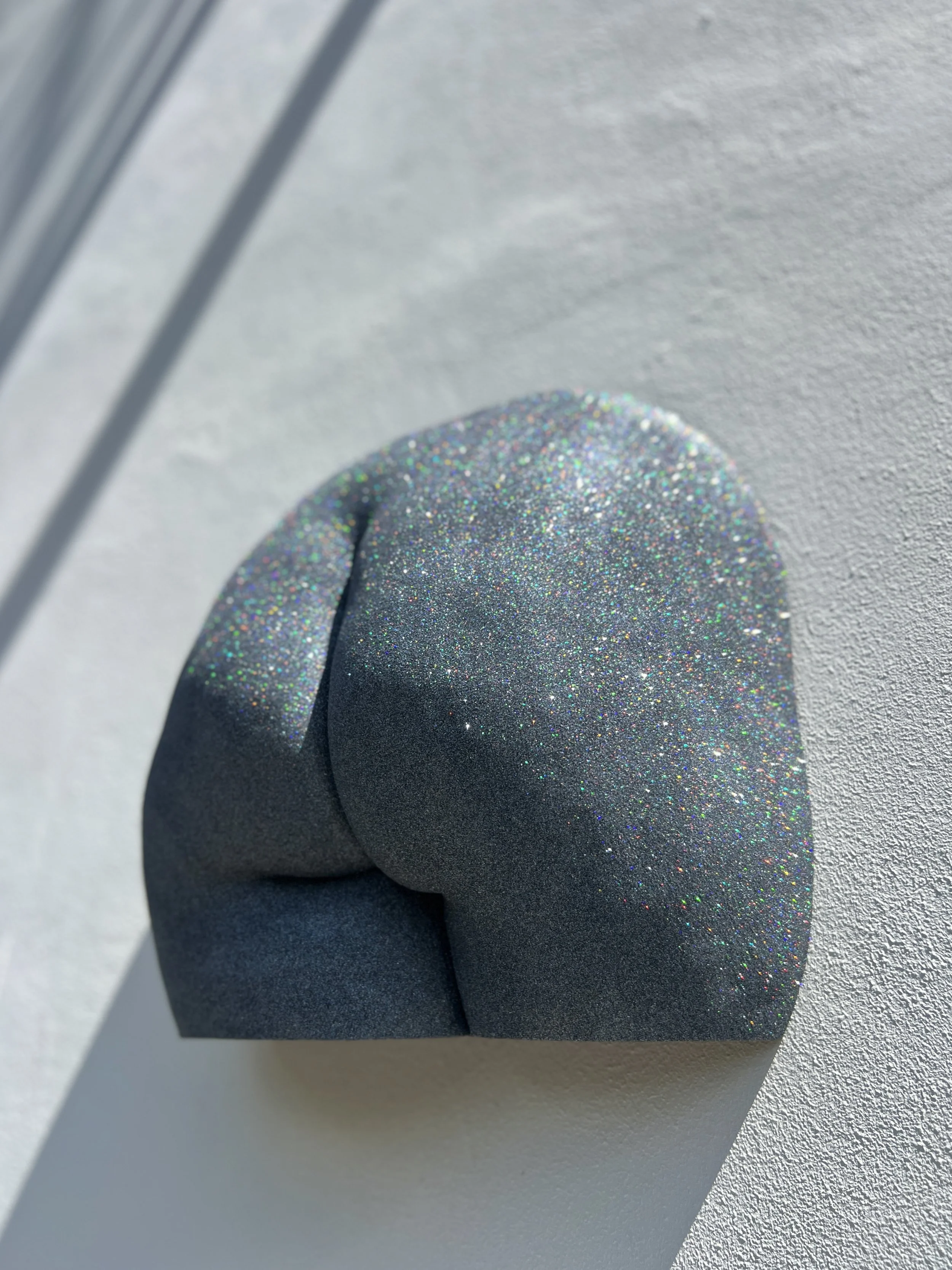 Glitterende, donkere sneaker op een witte ondergrond met lichtschaduw.