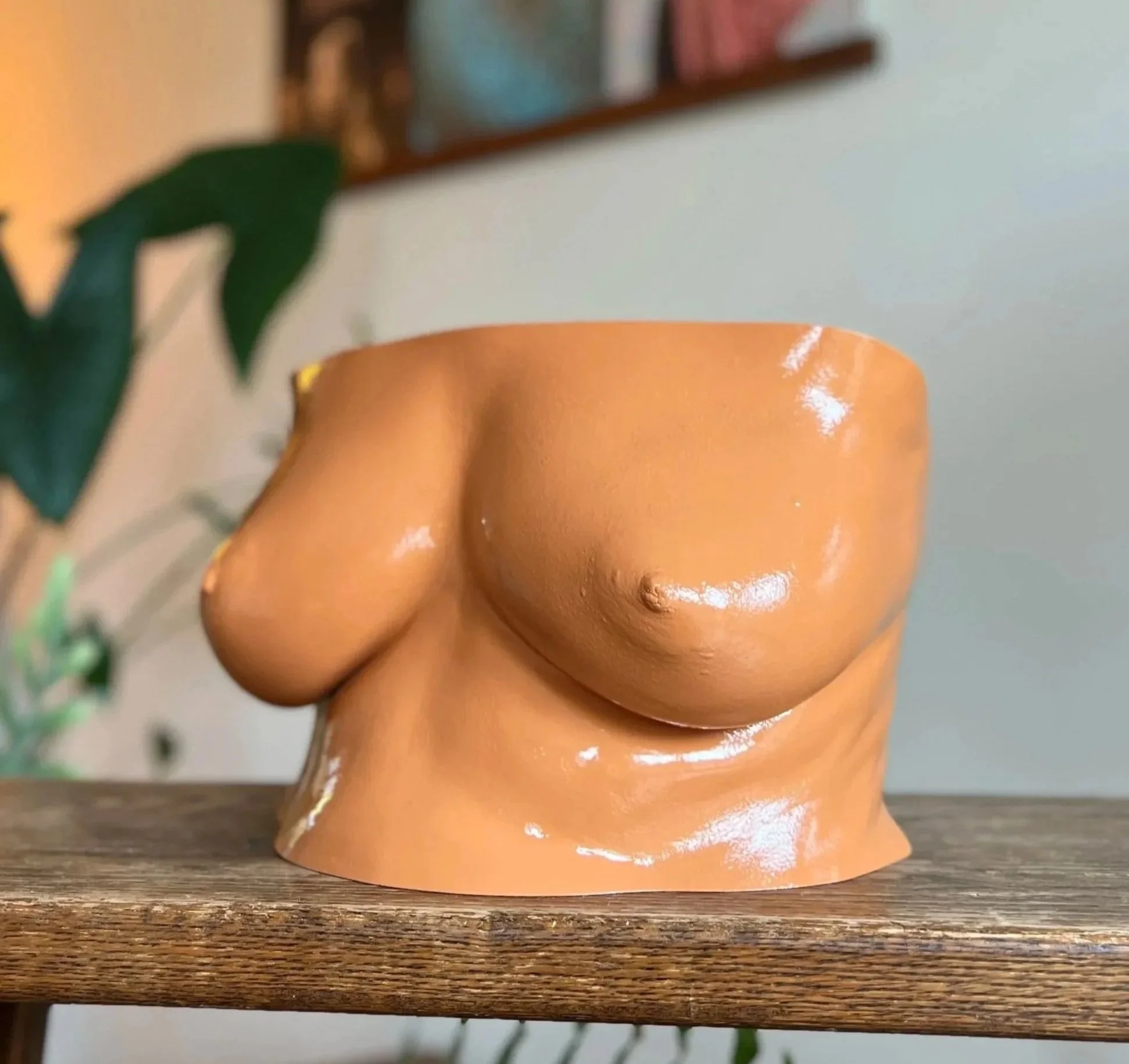 Roestoranje bodycasting borstkassculptuur met glanzende afwerking, handgemaakt van hars, kunstwerk van Venus in Vorm, gefotografeerd in interieur op een houten kastje met op de achtergrond planten en muziekplaten aan de muur.