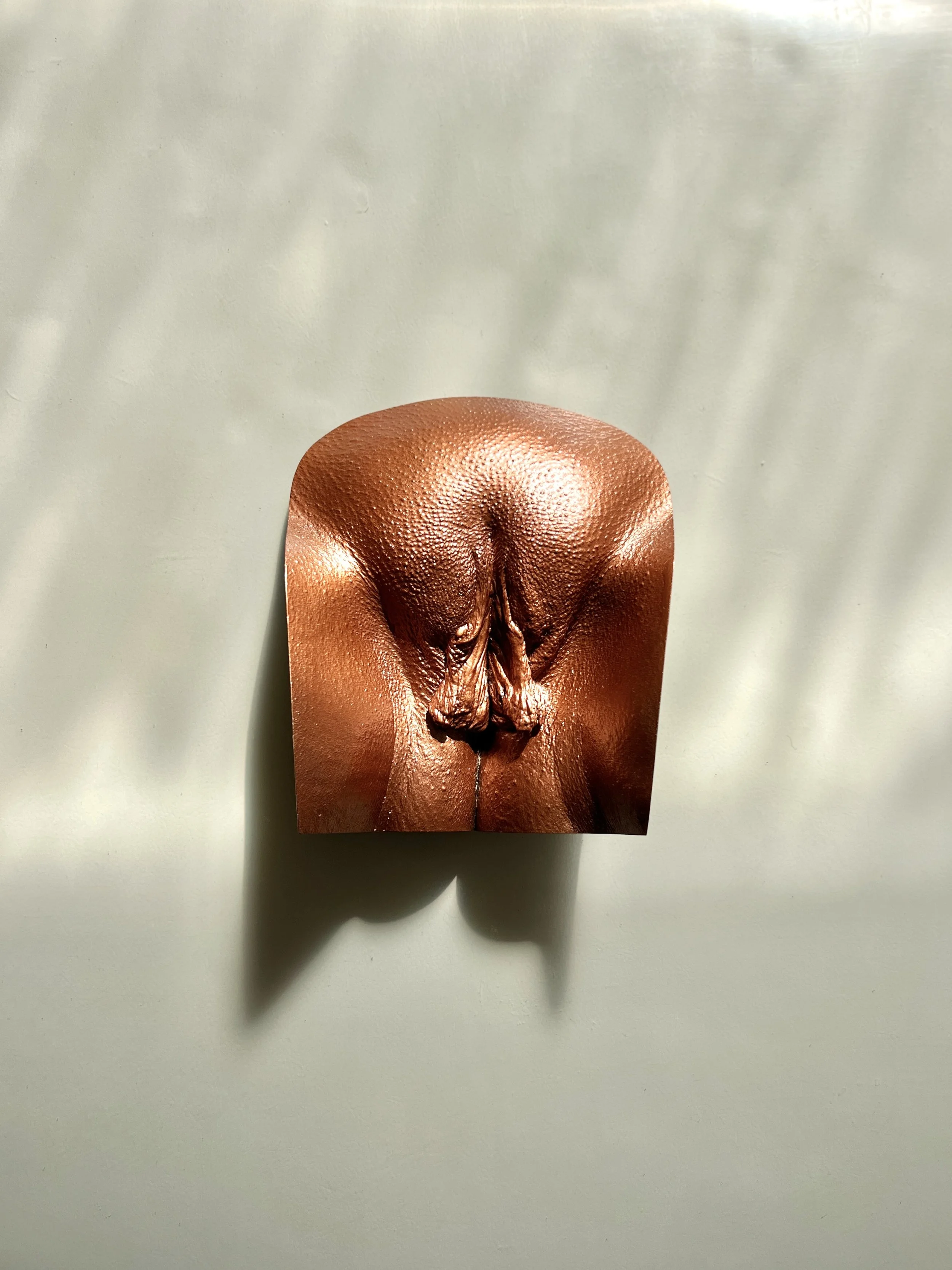Vulva-sculptuur van handgemaakt hars in bronzen metallic kleur, geplaatst in het bodycasting atelier, met zonlicht dat in streepjes door de gordijnen valt, kunstwerk van Venus in Vorm.