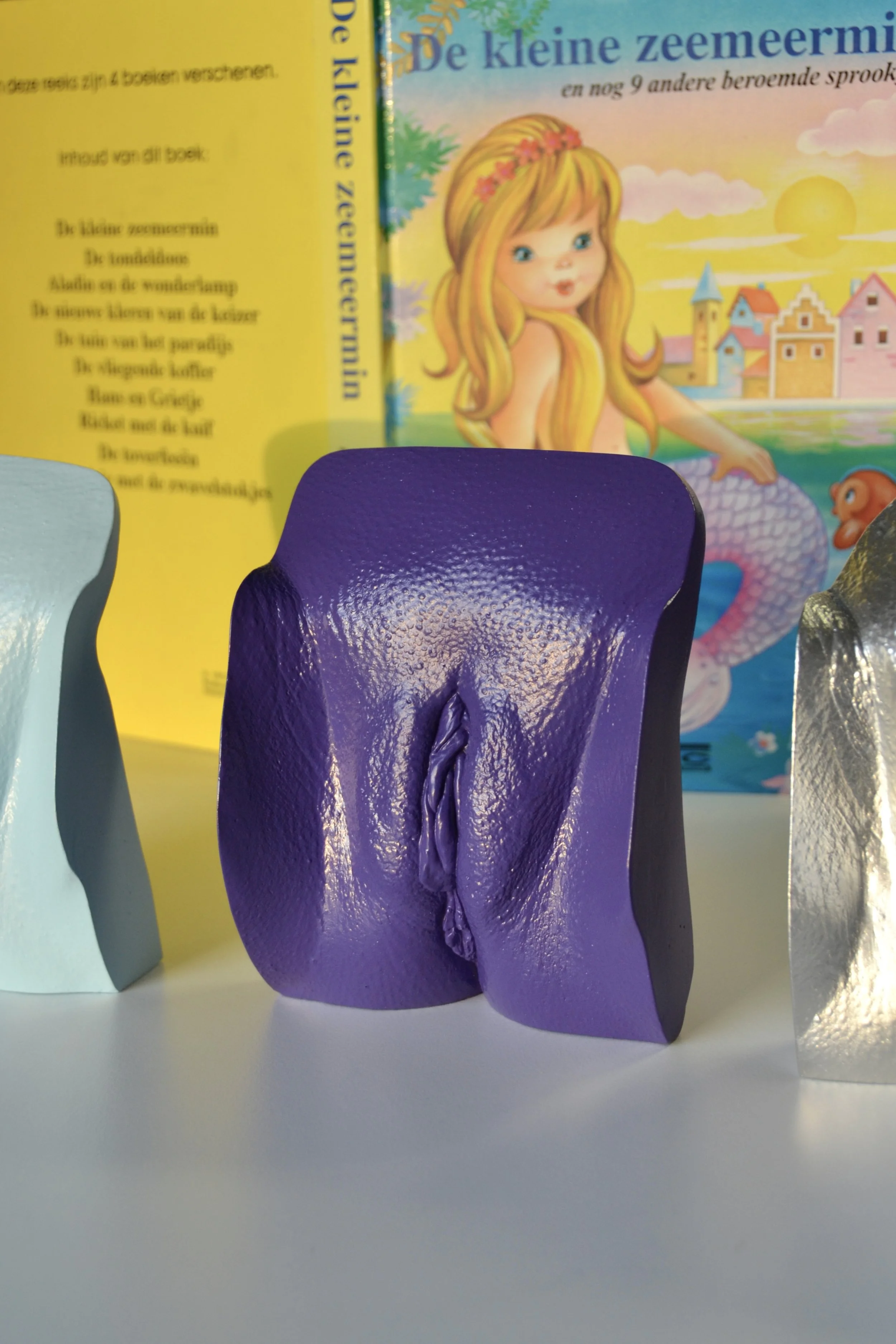 Fictieve seksuele geslachtsdelen afgebeeld op een object, met kinderboeken op de achtergrond.