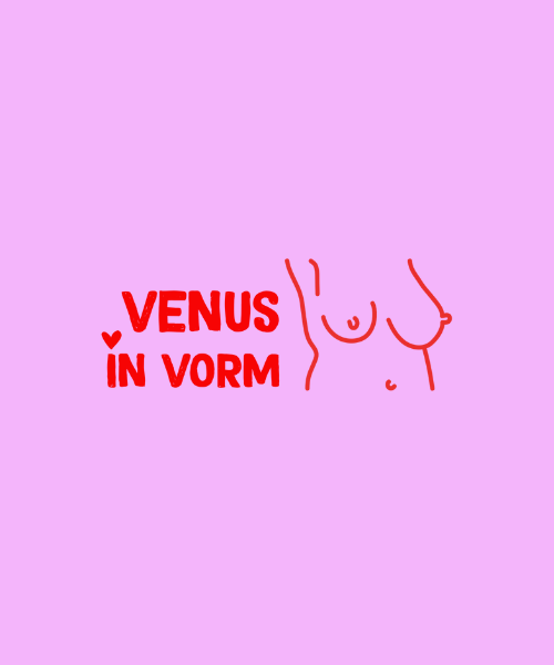 Lijntekening van een vrouwenborst en een tekst die zegt 'Venus in vorm' met een klein hartje, op een lichtpaarse achtergrond.