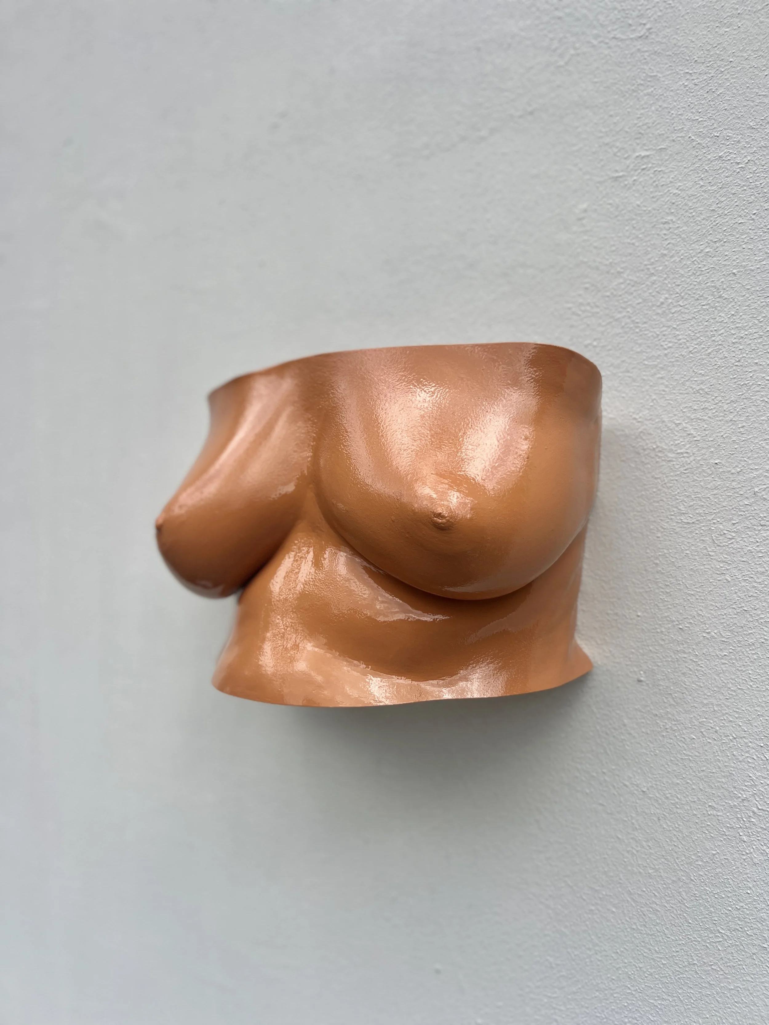 Roestoranje bodycasting borstkassculptuur met glanzende afwerking, handgemaakt van hars, kunstwerk van Venus in Vorm, gefotografeerd hangend aan een witte muur.