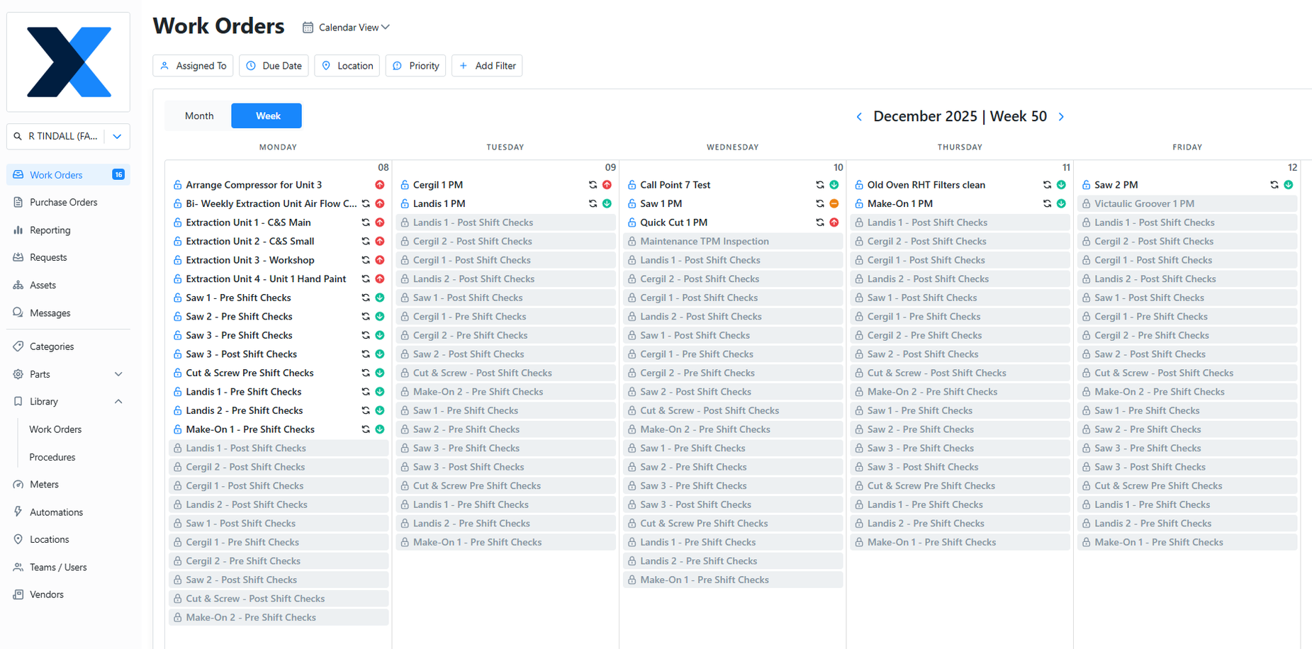 Screenshot of a work order scheduling dashboard showing weekly tasks in December 2025, with job descriptions like machine checks, inspections, and maintenance across multiple days, organized in a calendar format.