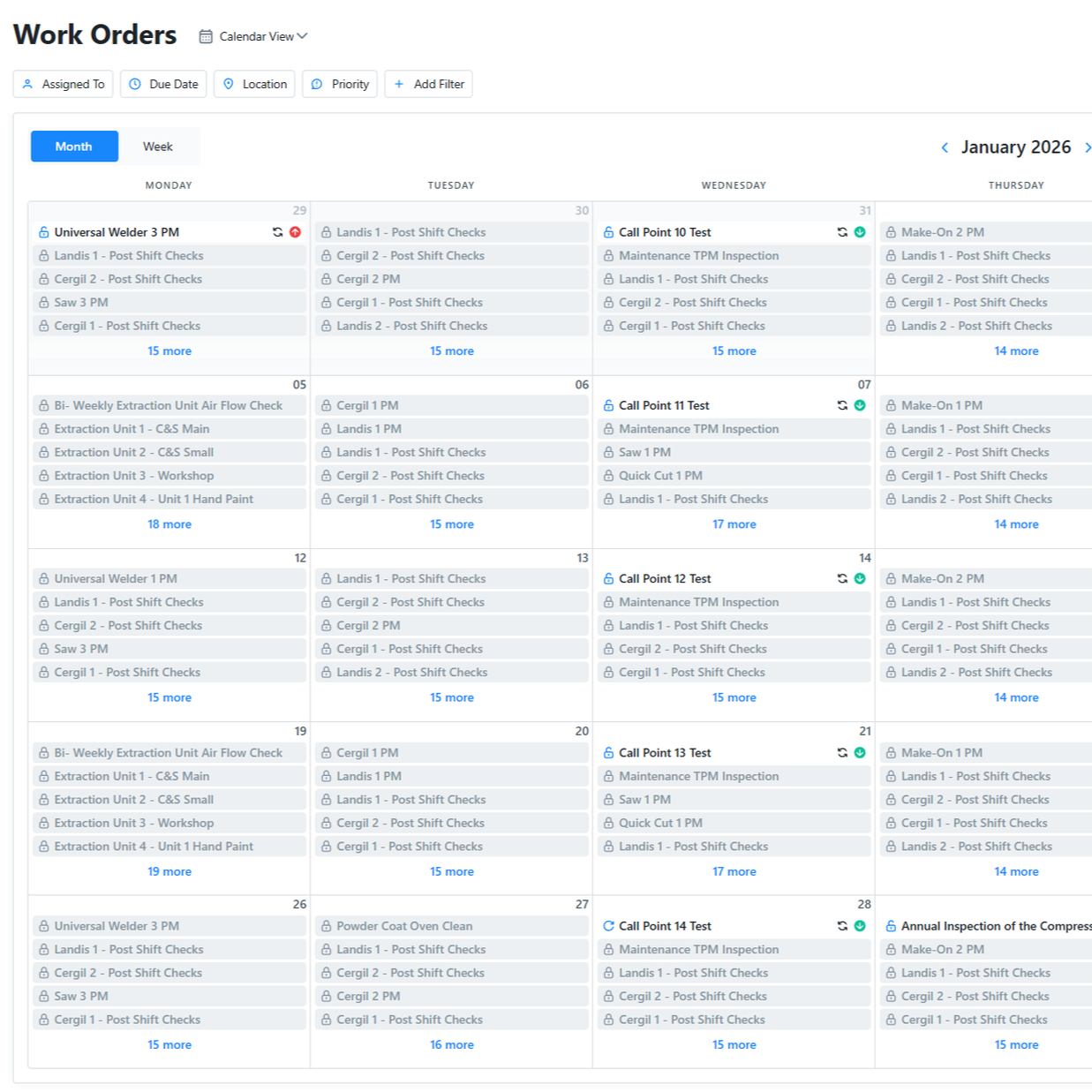 Work orders schedule for January 2026 showing tasks, checks, and inspections across multiple days.
