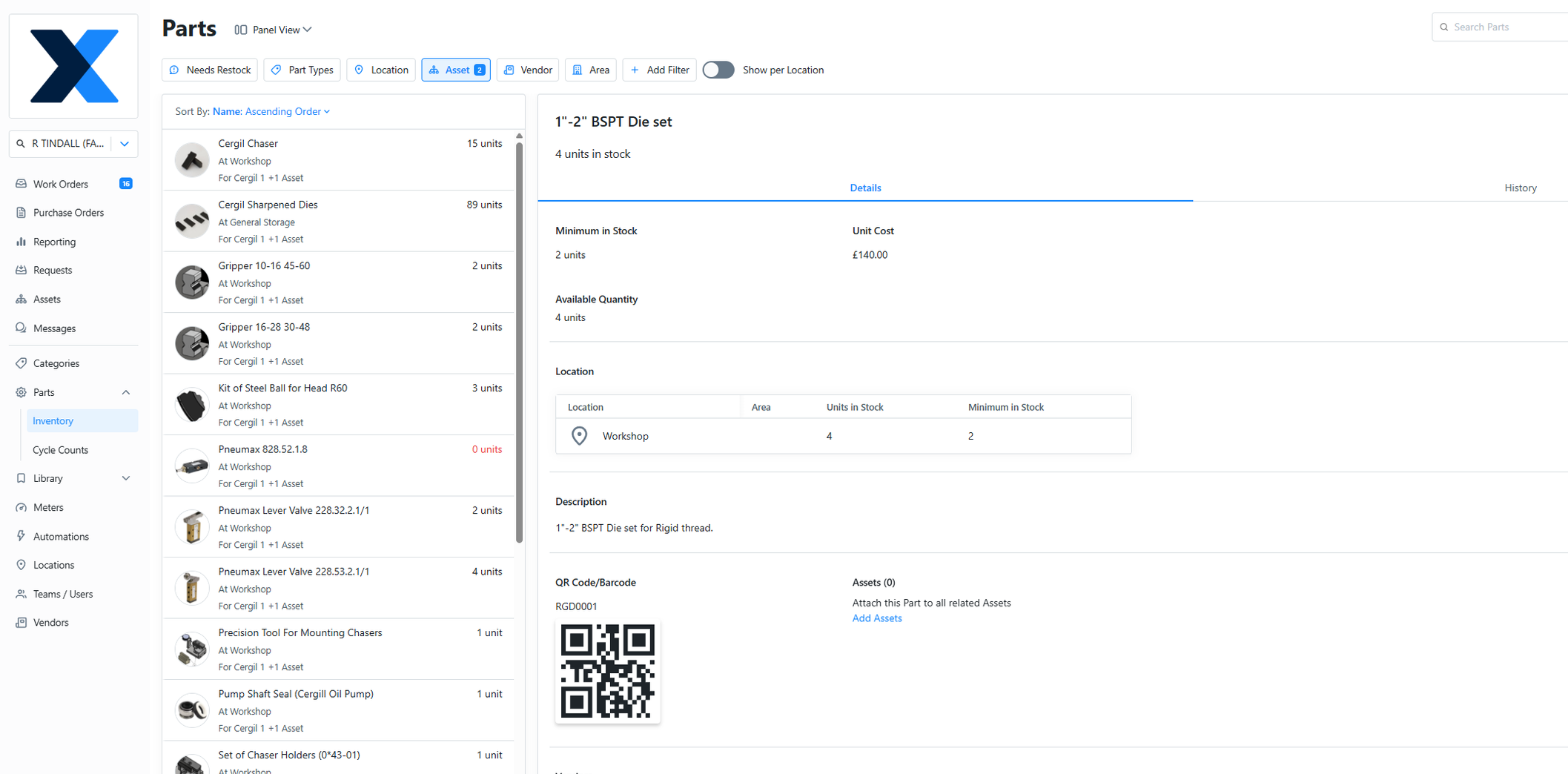 Screenshot of an inventory management software interface displaying a part listing for a 1"-2" BSPT Die set, including details such as stock quantity, unit cost, location, and a QR code.