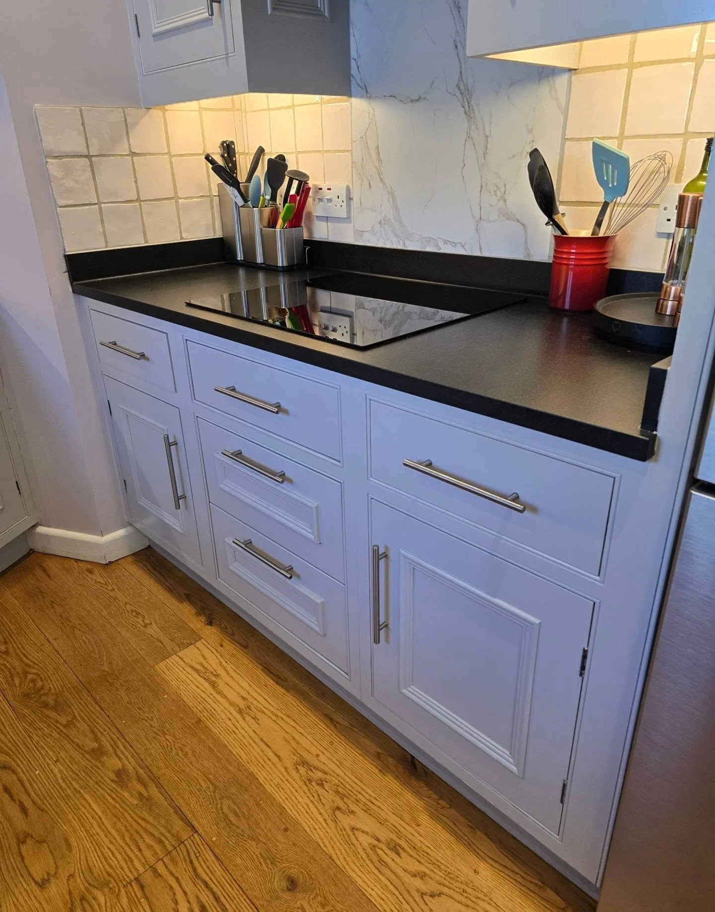 We revisited an old job today that we finished about 3 years ago.

We built some custom inframe cabinets to match the existing kitchen. This included the built-in microwave and oven unit, as well as the hob unit and cupboards.

It's great to see how 