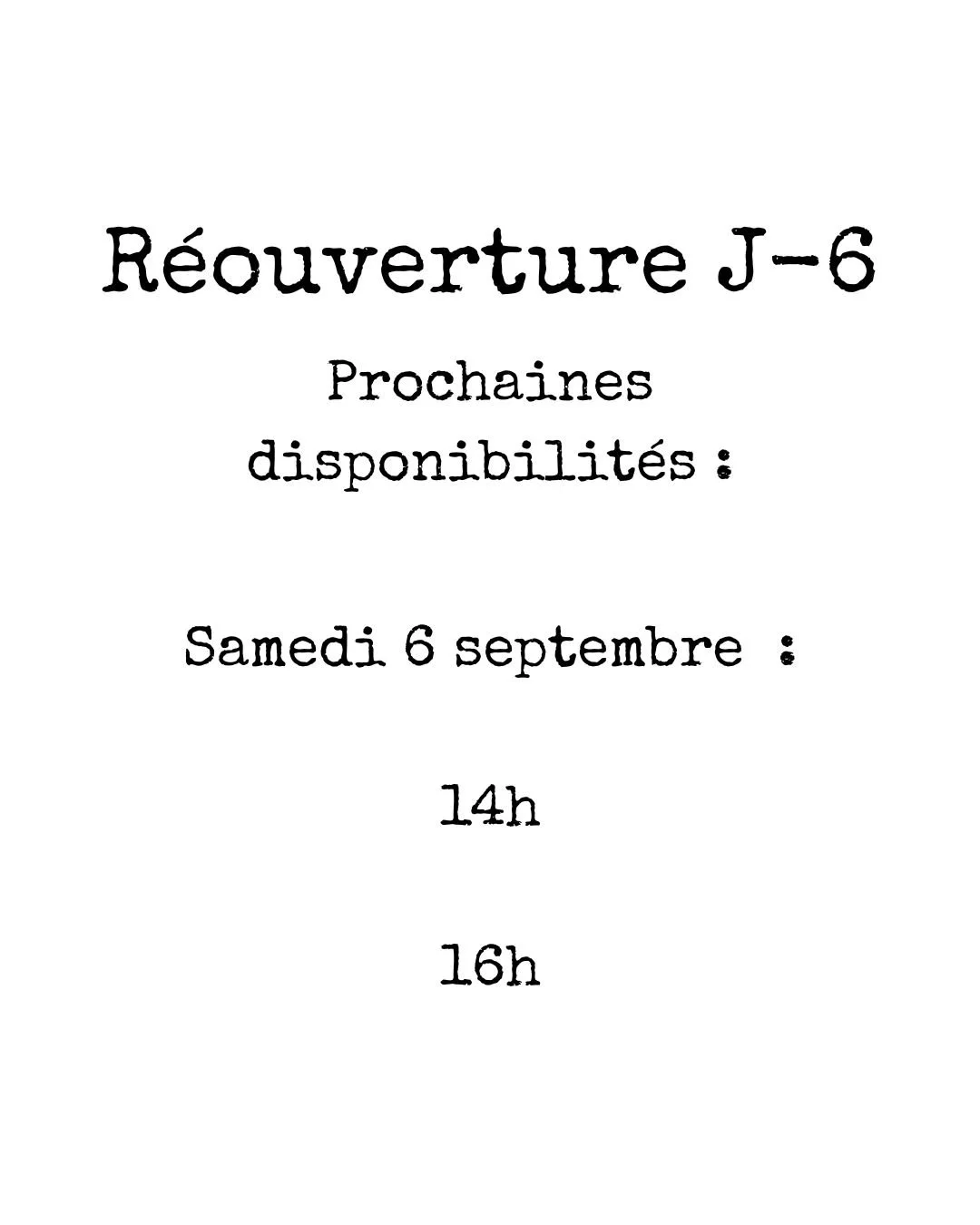 J-6 avant la r&eacute;ouverture et prochaine disponibilit&eacute;s le 6 septembre.
Ravie de vous retrouver !
Heureuse de reprendre dans cette belle &eacute;nergie de rentr&eacute;e.
&Agrave; tout vite
Marion