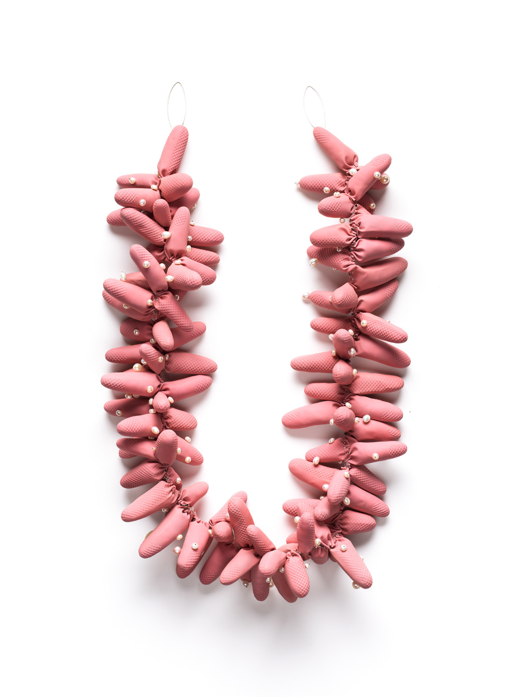 Domestic Suffocation, 2018. Sterling silver, freshwater pearls, cotton, latex —  dimensions variable. 