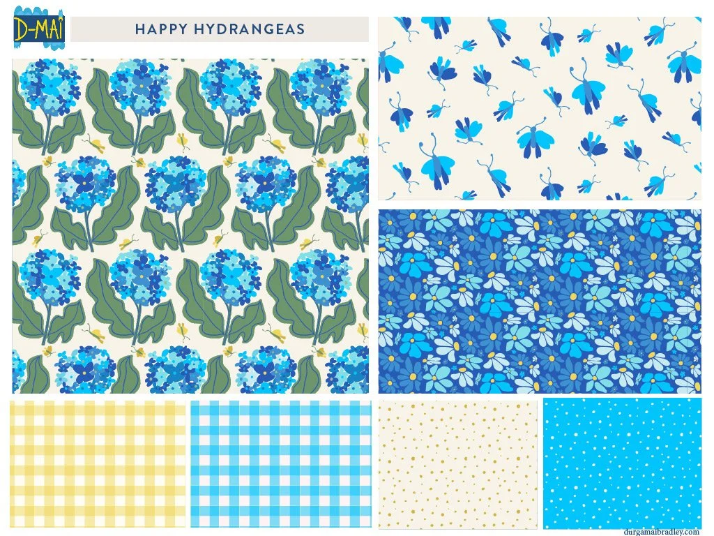 A collection of fabric patterns featuring blue hydrangeas, blue bees, blue forget-me-nots, yellow and white gingham, blue and white checks, yellow dots on white, and blue dots on blue, all celebrating the theme 'Happy Hydrangeas.'