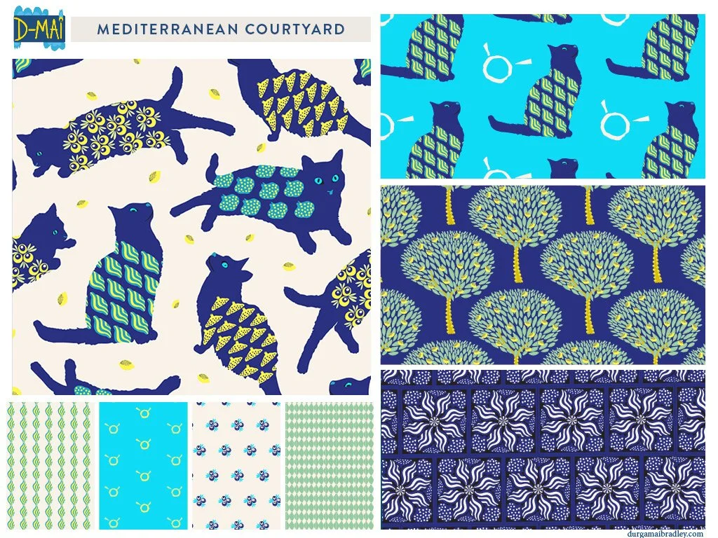 A digital collage of textile patterns inspired by Mediterranean courtyard theme, featuring cats, fish, trees, and abstract designs in shades of blue, green, and yellow.