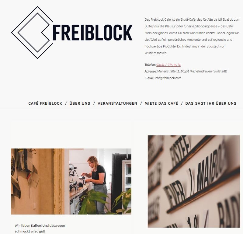 Screenshot der Startseite der früheren Website des Café Freiblock mit Logo, Menü und Begrüßungstext