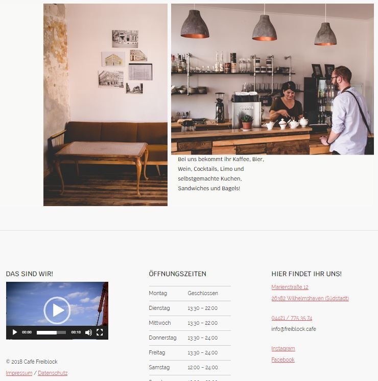 Screenshot der früheren Website des Café Freiblock mit Fotos vom Innenraum, Barbereich und Café-Team