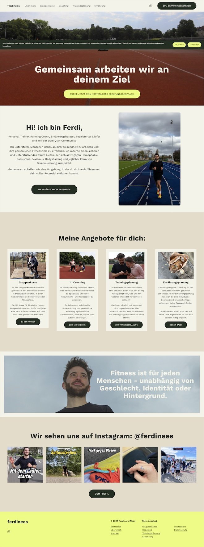 Screenshot der Personal Training Website ferdinees.de mit Informationen zum Fitness- und Laufcoaching in Berlin