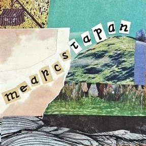 The Mearcstapan logo, which is a patchwork-style collage in teal, cream, green, gold and grey, depicting the land meeting the sea. There are Old English manuscript-style cut-out letters, spelling ‘mearcstapan’, above the landmass in the collage.
