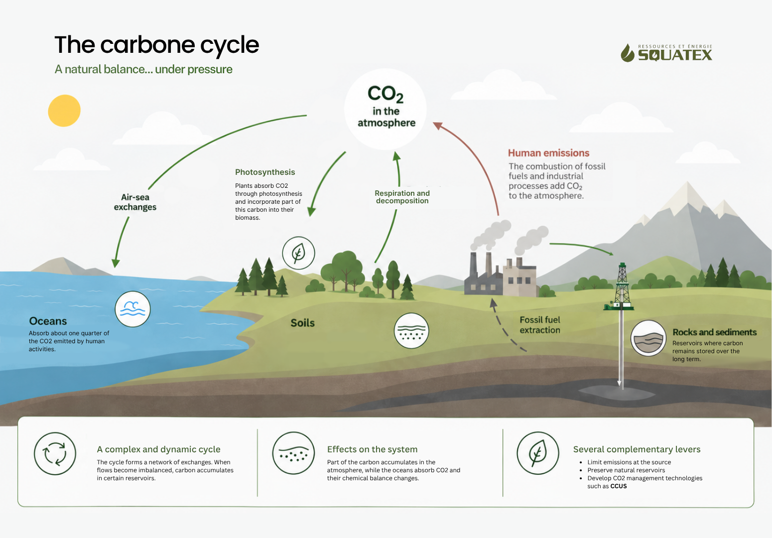 Carbon cycle infographic showing CO₂ exchanges between the atmosphere, oceans, soils, biosphere and rocks, along with human emissions and CCUS.
