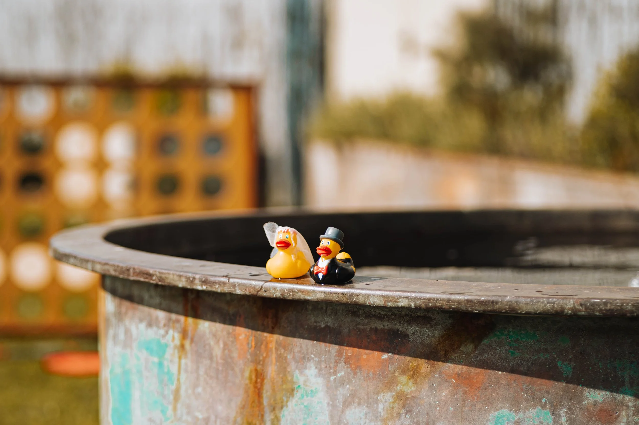 Bride and groom rubber ducks at Riverlands, a Rustic countryside barn wedding venue