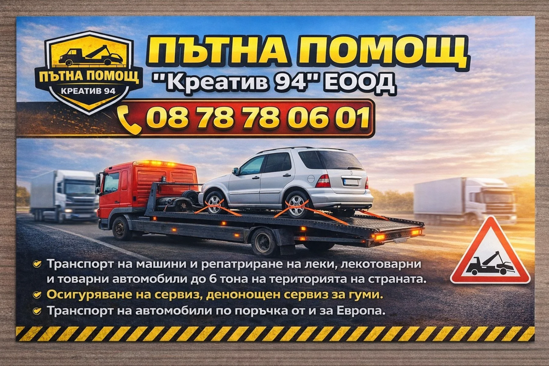 A roadside advertisement for a car towing service with a phone number, featuring an image of a tow truck carrying a silver car, and a warning sign with a tow truck icon, against a background of a highway with other trucks and a sunset sky.