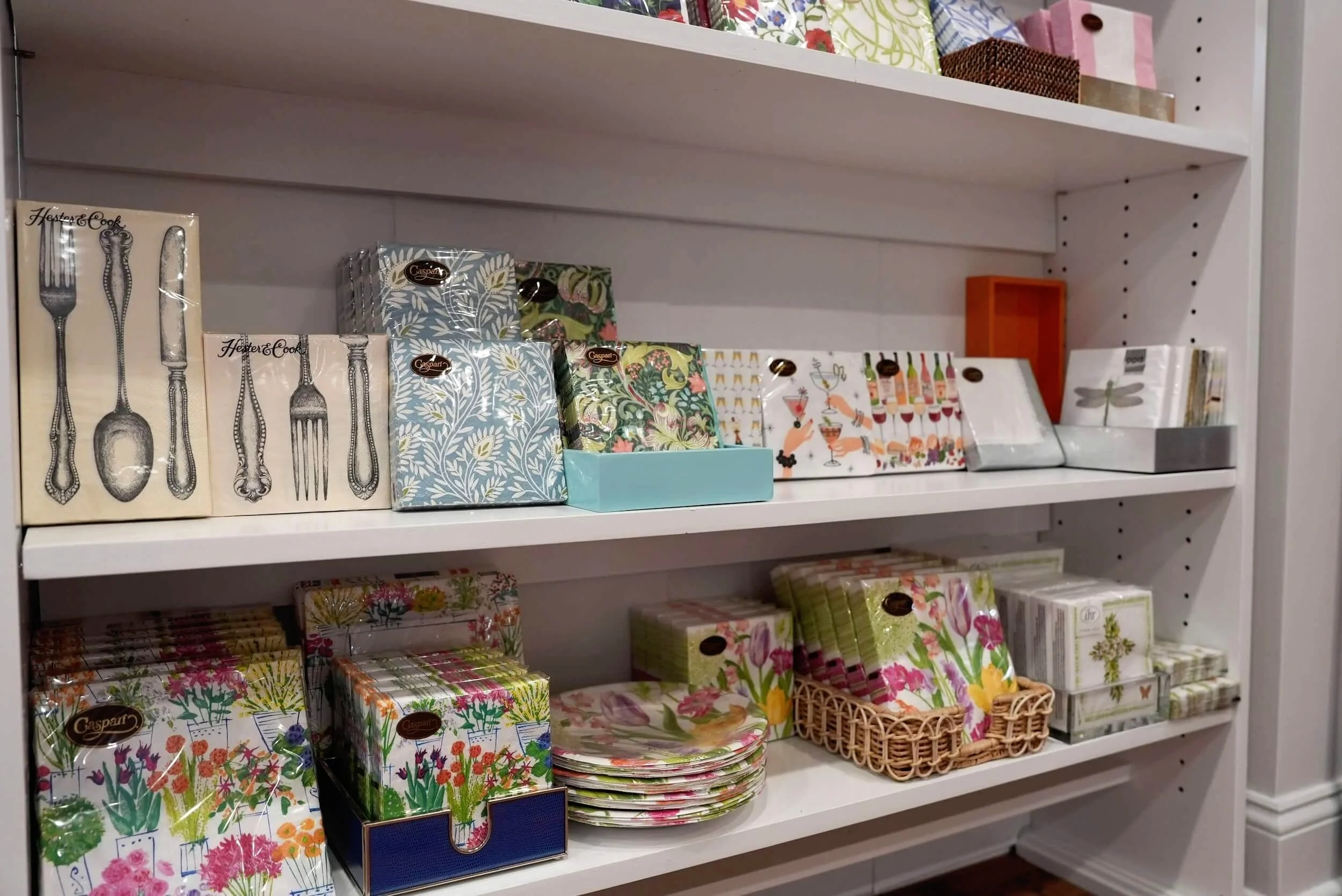 Paper salad plates, napkin holders and paper napkins from Caspari and Hester and Cook