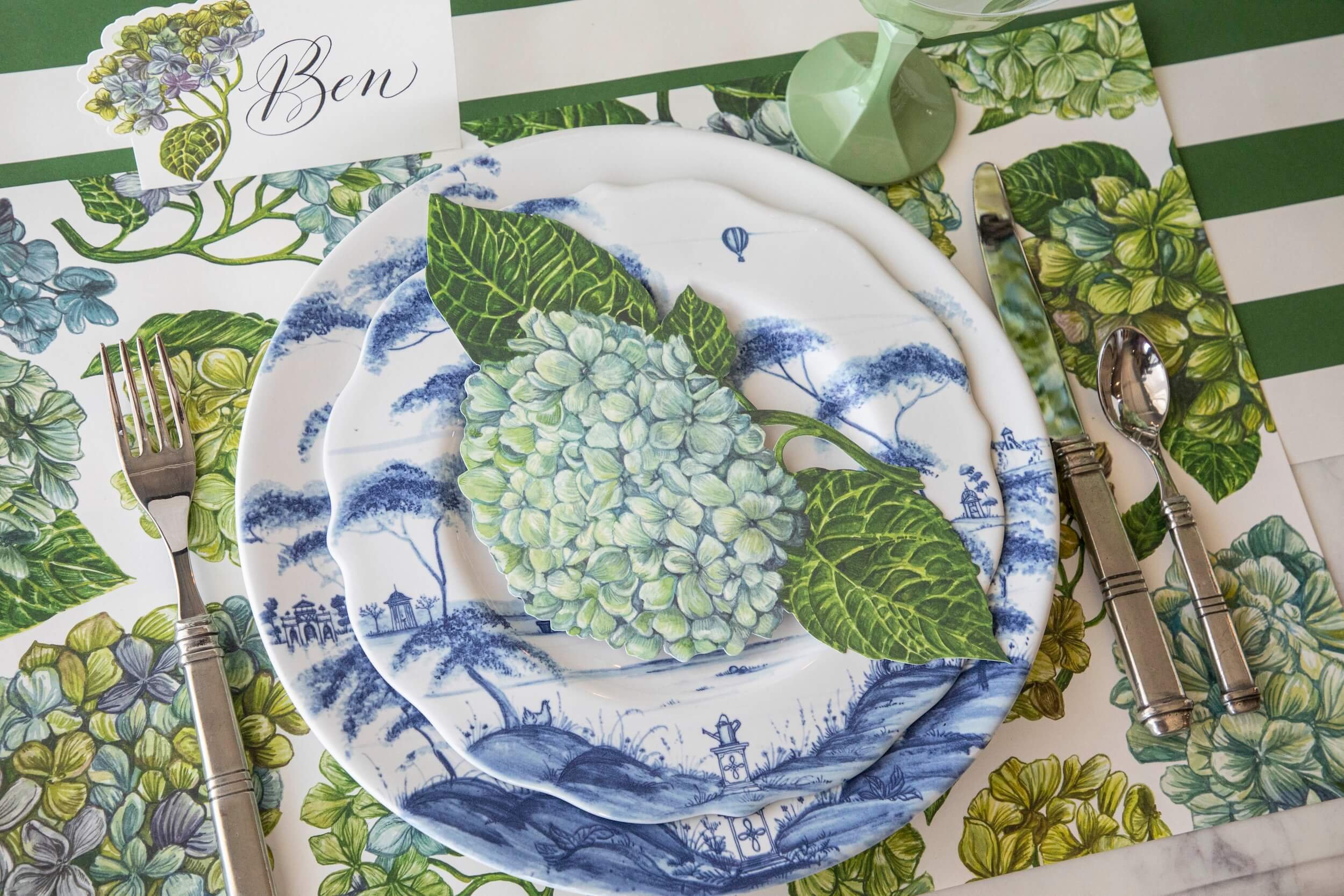 Hester & Cook paper placemat, place card, table decor, and Juliska plates