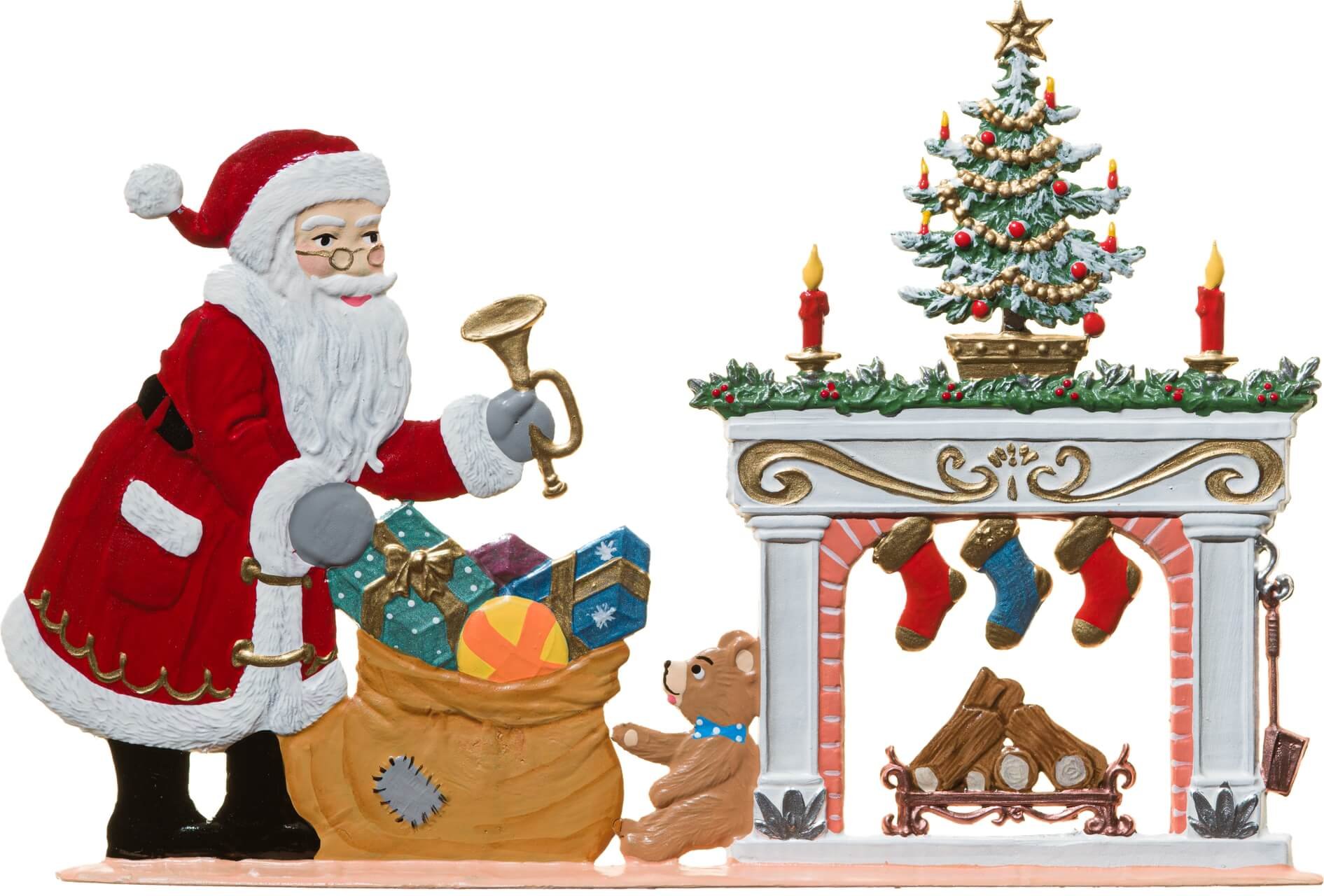 Wilhelm Pewter hand painted Christmas decor featuring Santa unloading his sack at the fireplace mantle