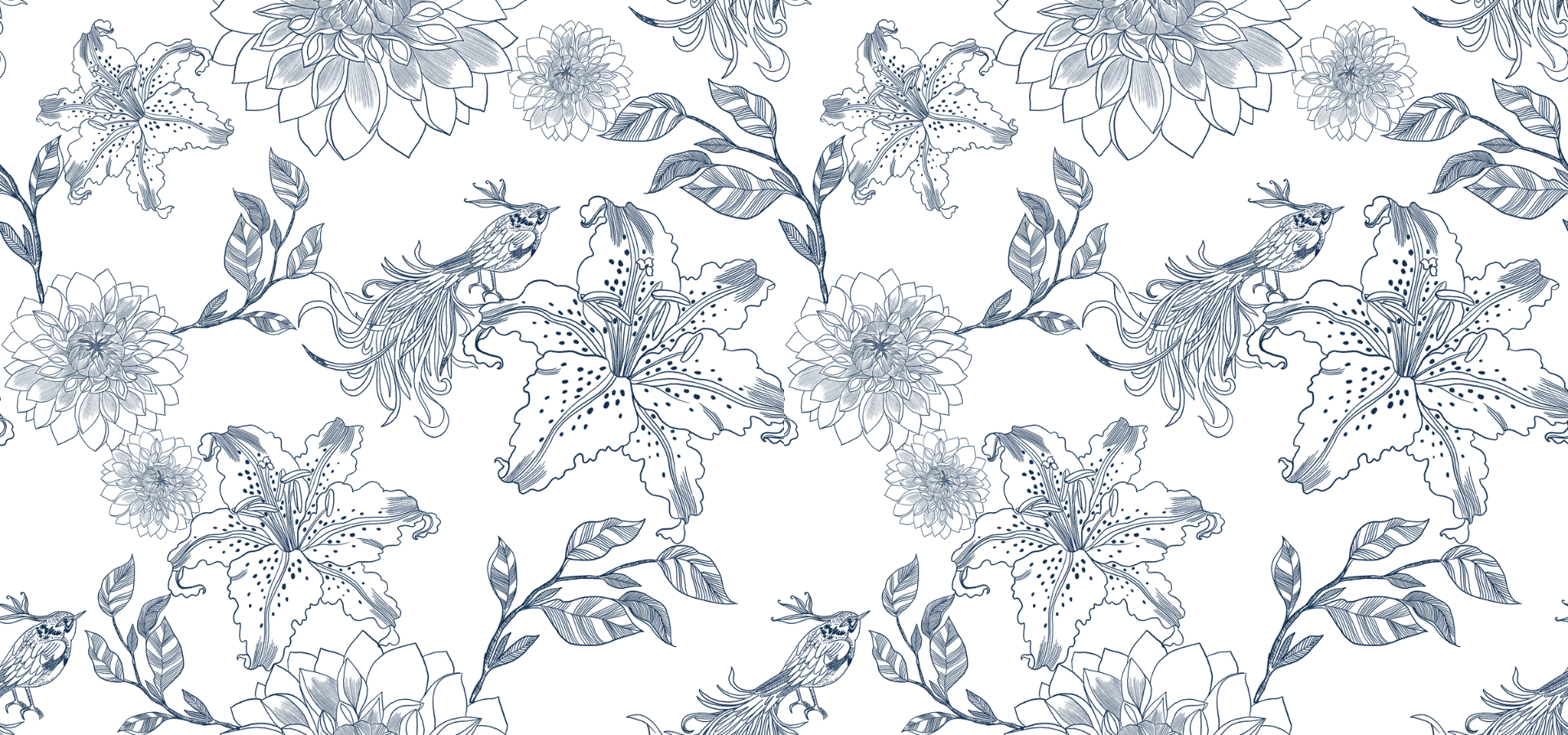 Dark blue floral and bird pattern on black background, featuring various flowers, leaves, and small birds.