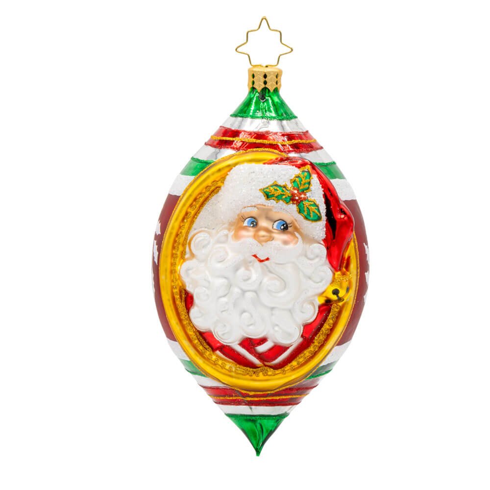 Christopher Radko Christmas Ornament in a pointed oval shape with Santa Claus in the middle