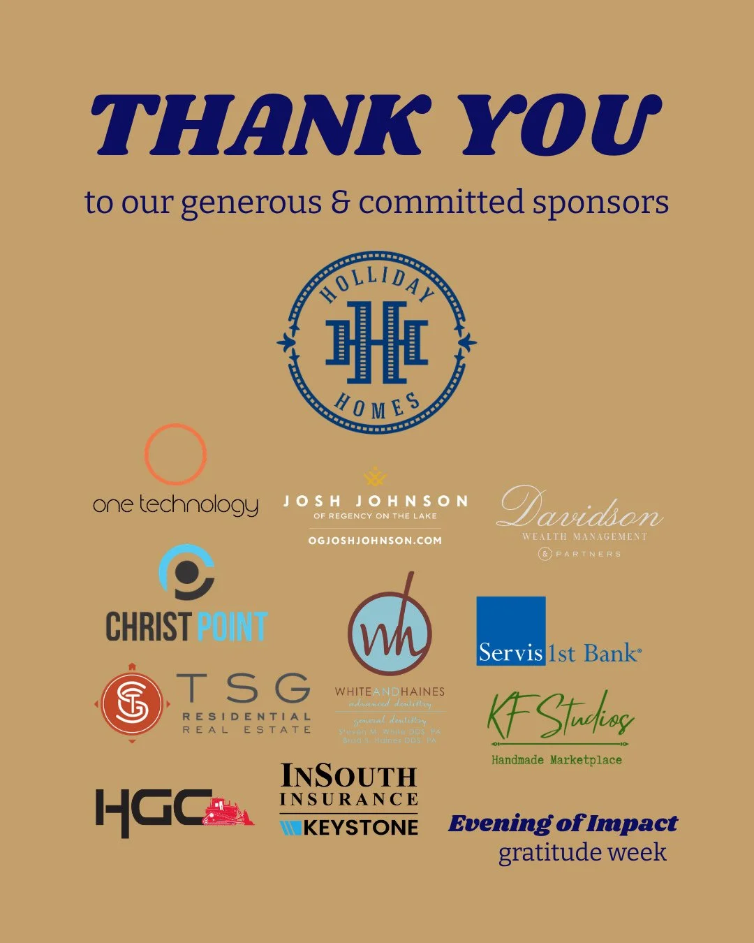 We are incredibly grateful for each of our sponsors who made the Evening of Impact possible.⁠
⁠
Your generosity, belief in this mission, and willingness to come alongside this work helped create a night....and a future, full of meaning. ⁠
⁠
We truly 