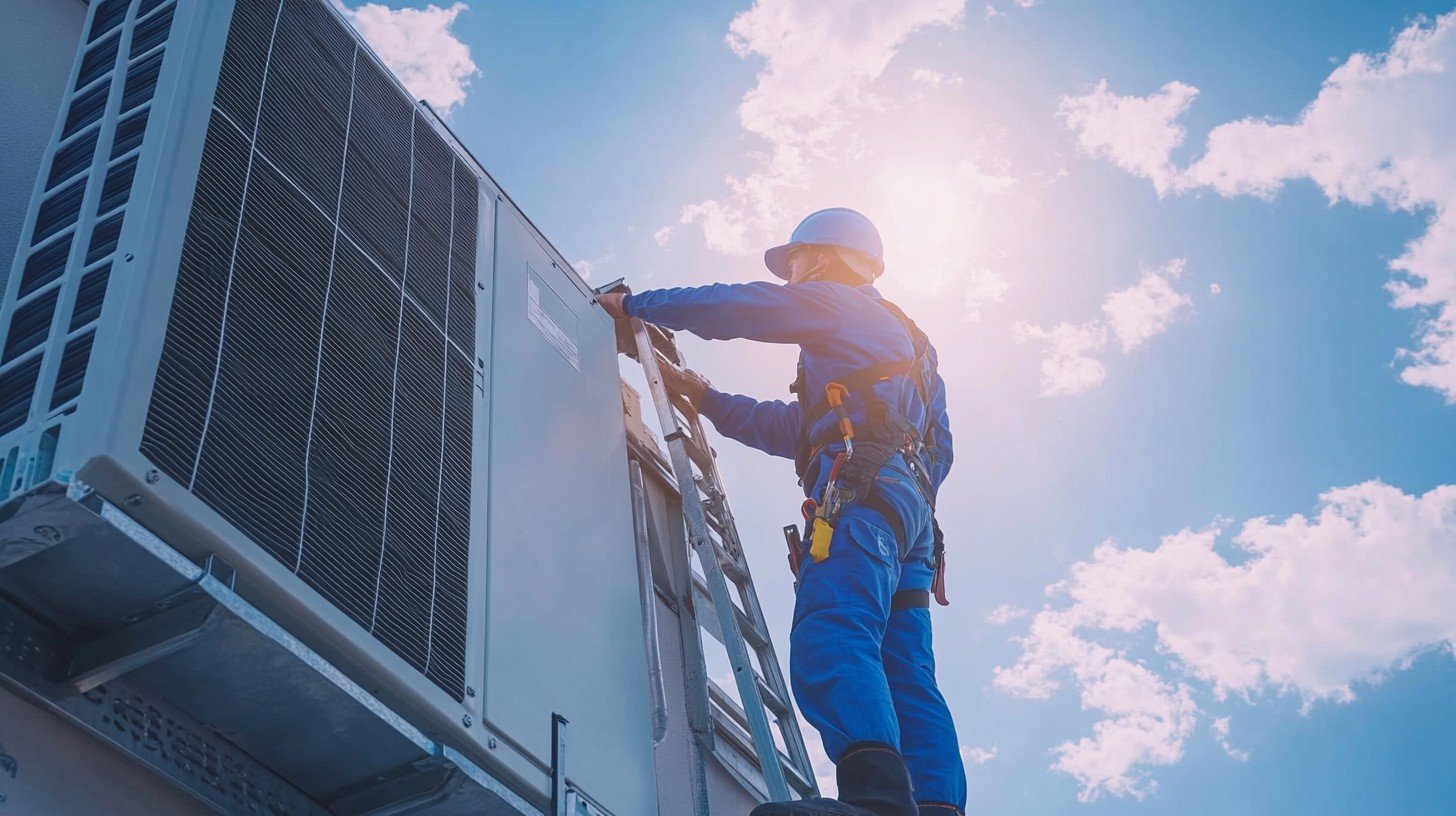 Technician in blue uniform and helmet working on a rooftop HVAC unit on a sunny day.