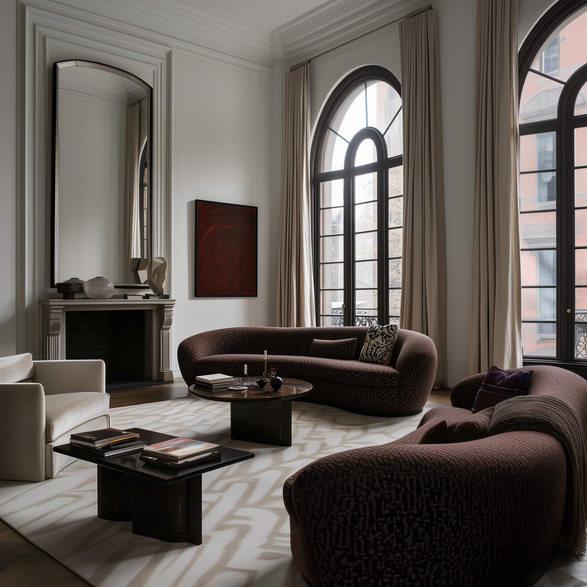 Studio Andriotis Parisian living room with sculptural curved sofas, arched black-framed windows, and minimalist modern decor.