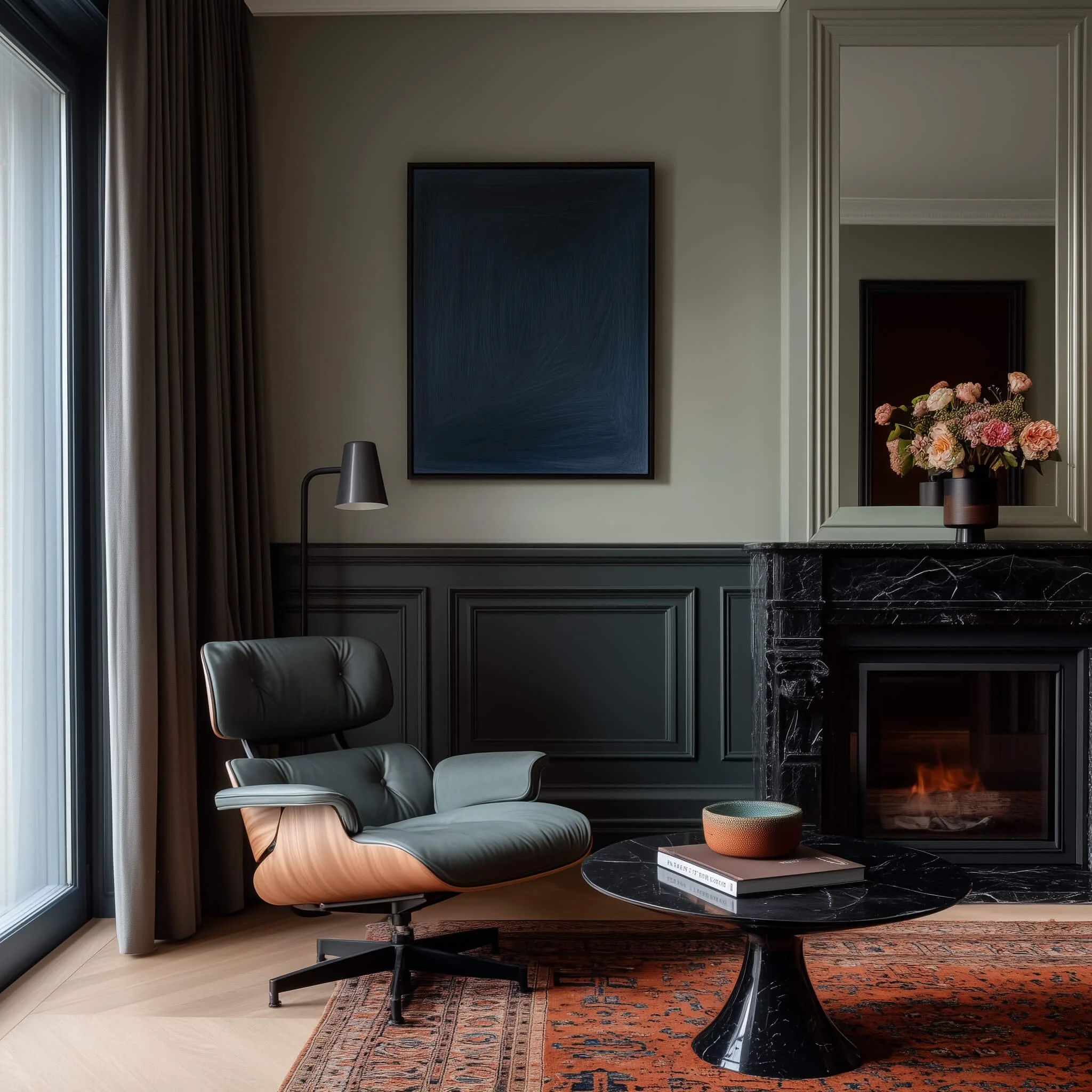 Paris living room designed by Studio Andriotis with an Eames lounge chair, black marble fireplace, dark green paneling, and vintage-style rug.