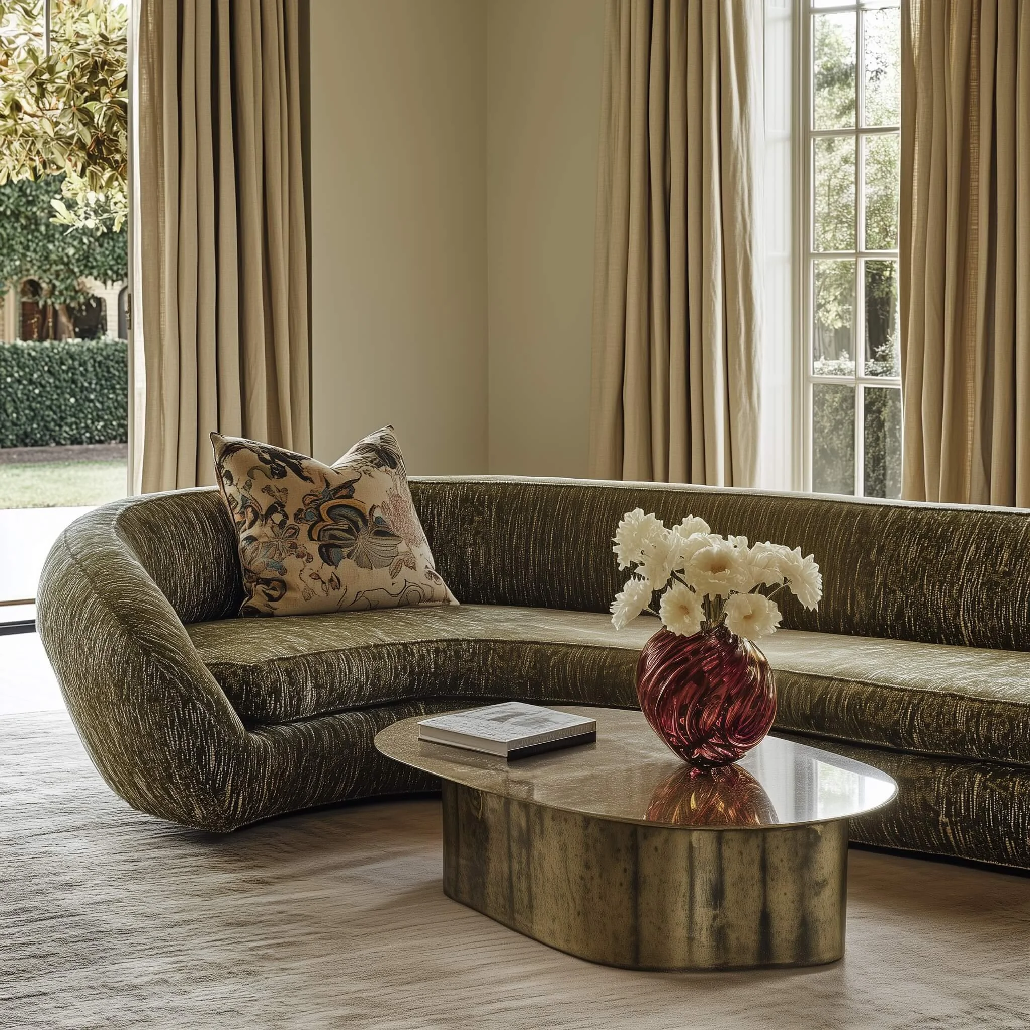 Paris living room designed by Studio Andriotis with a curved green velvet sofa, brass coffee table, red glass vase, and floral pillow.